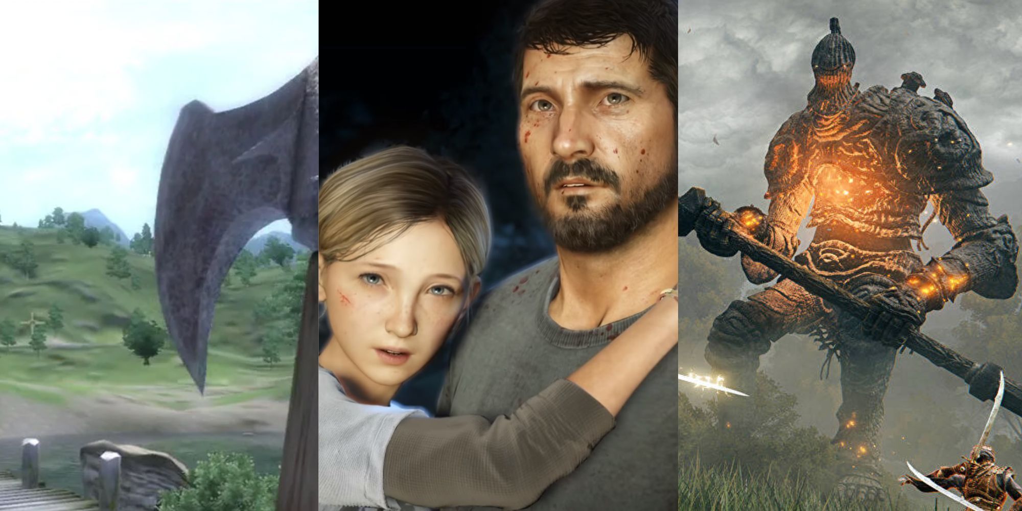 Three images - axe, Joel and Sarah from The Last of Us and Elden Ring fight