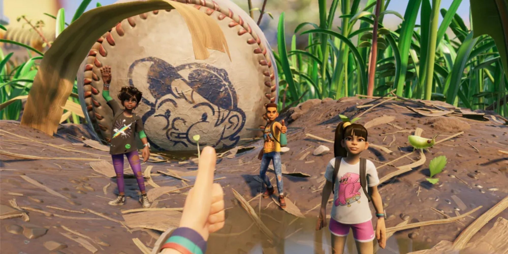 The player giving three other players a thumbs up with the baseball behind them
