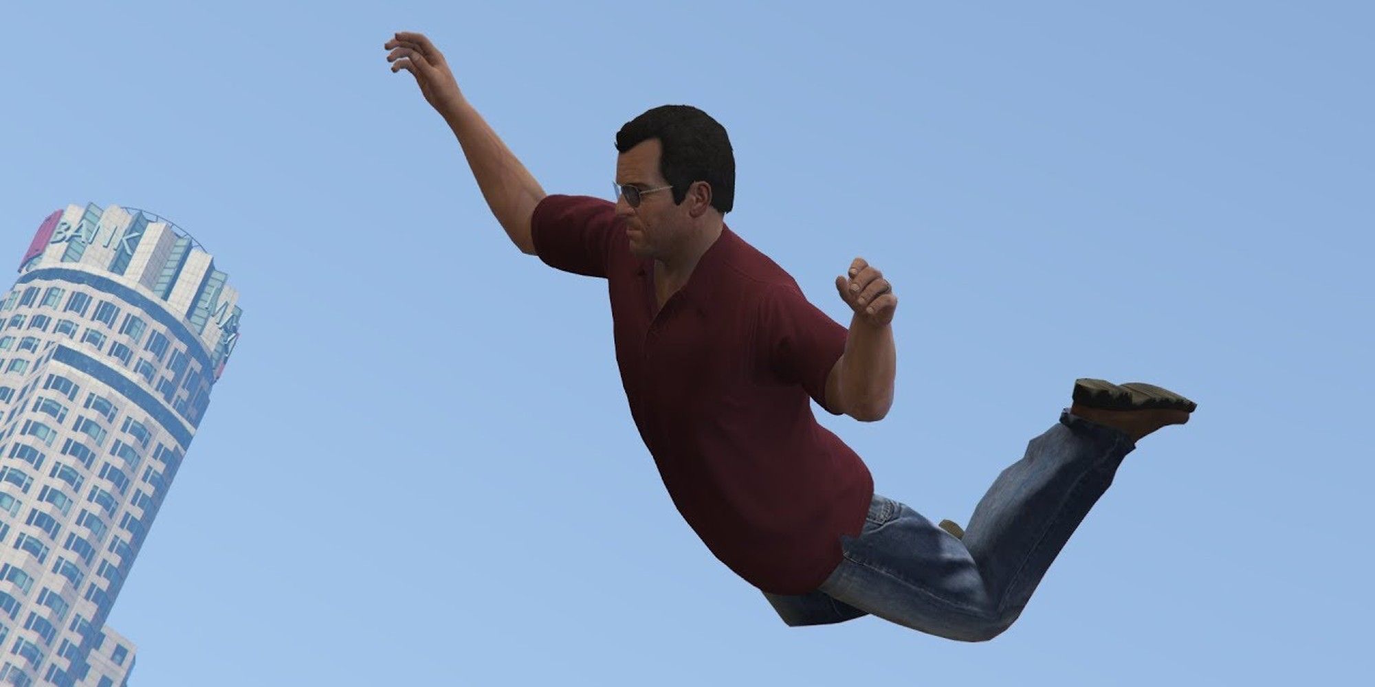 GTA V Michael Falling in mid air, with a bank in the background