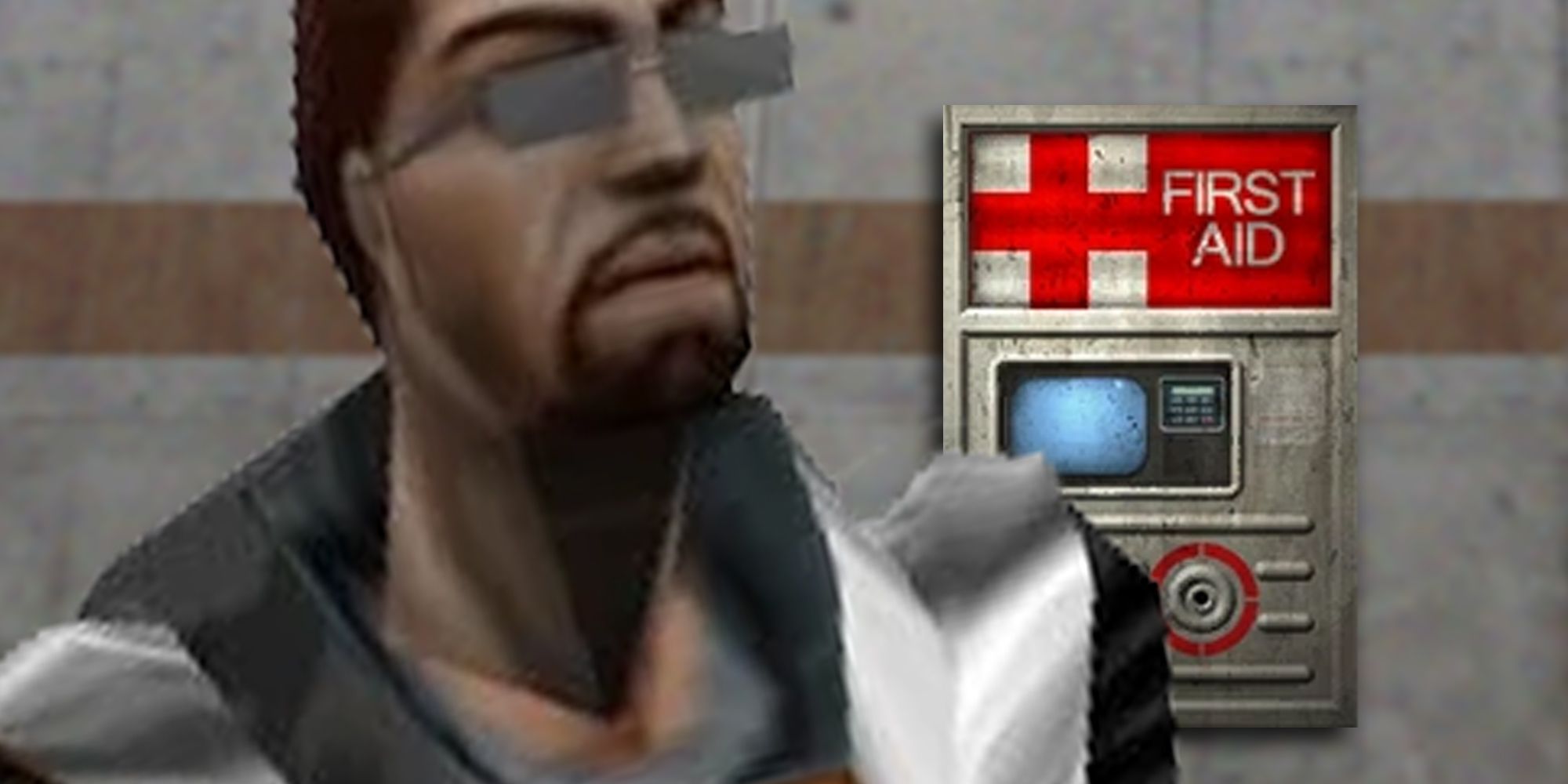 Half-Life Gordon Freeman standing in front of a first aid charger
