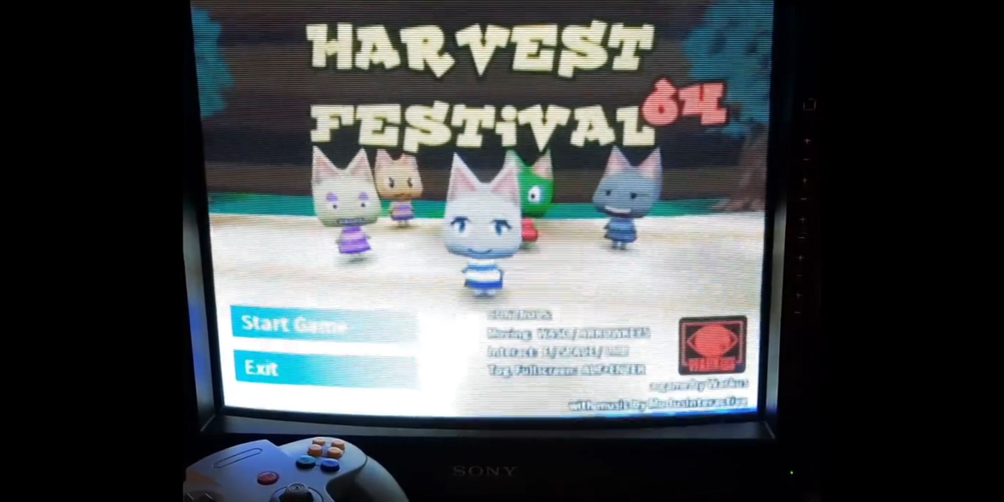 Villagers on a retro CRT monitor staring at the camera, with Harvest Festival 64's logo above them