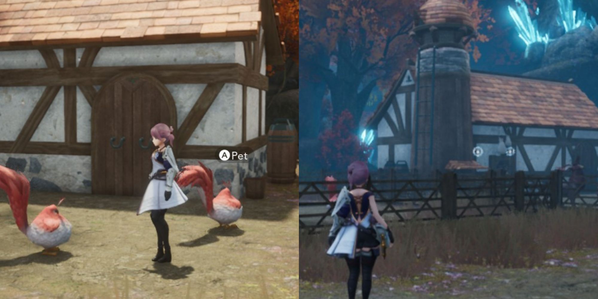 Split image screenshots of the Harvestella player character with Cluffowl and outside the Woolum pen.