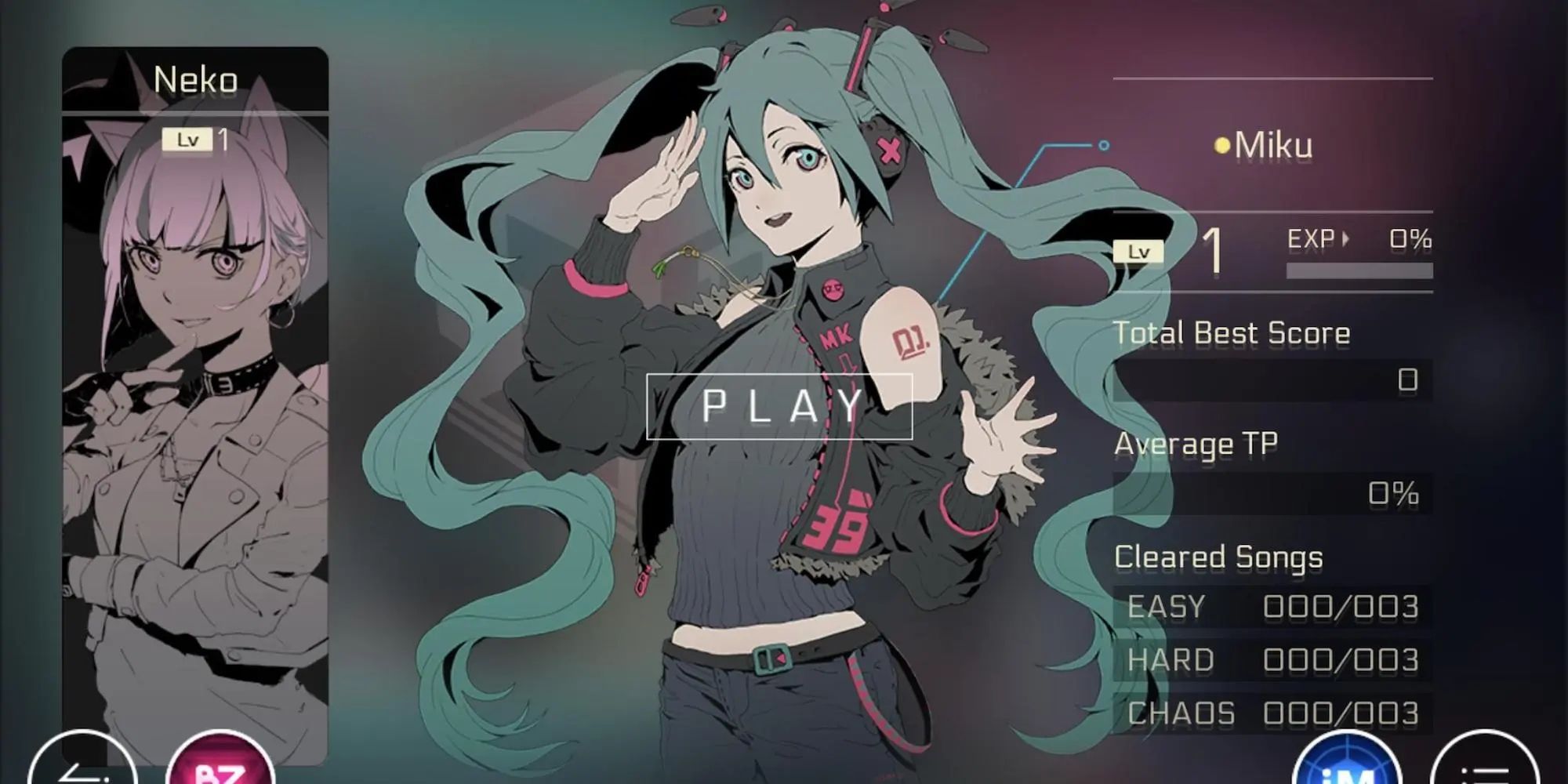Hatsune Miku saluting and smiling at the camera in Cytus 2 on the song selection list