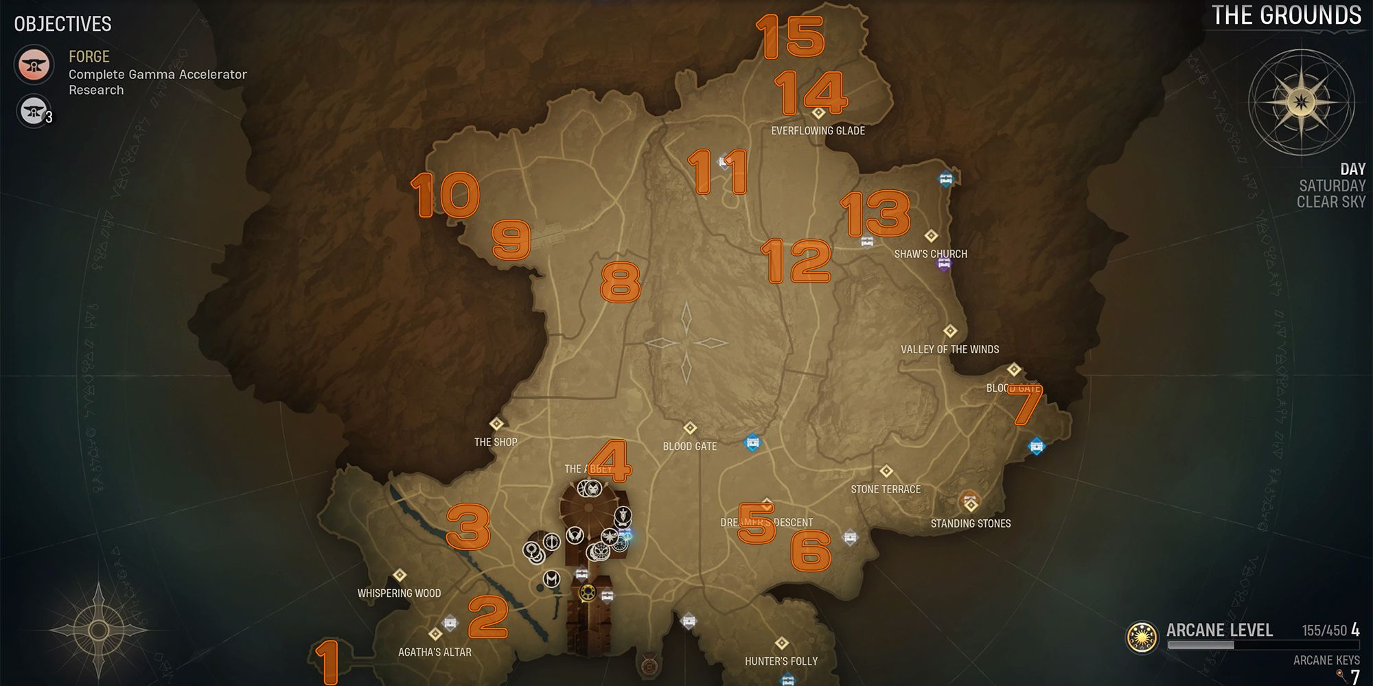 numbered map of all 15 havens found around the abbey