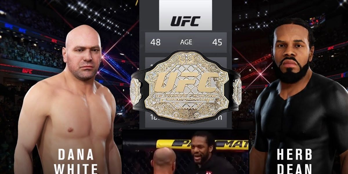 Screen showing Herb Dean and Dana White as characters in UFC video game.