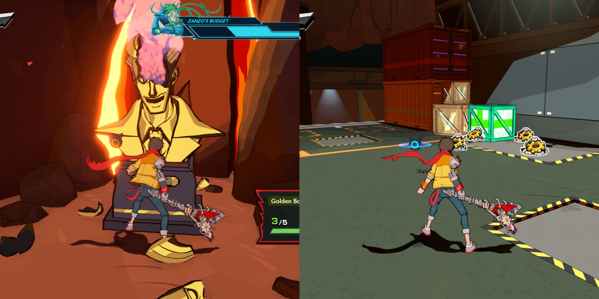 Split image showing broken golden bust on the left and brown and green crates along with gears on the ground in the right image