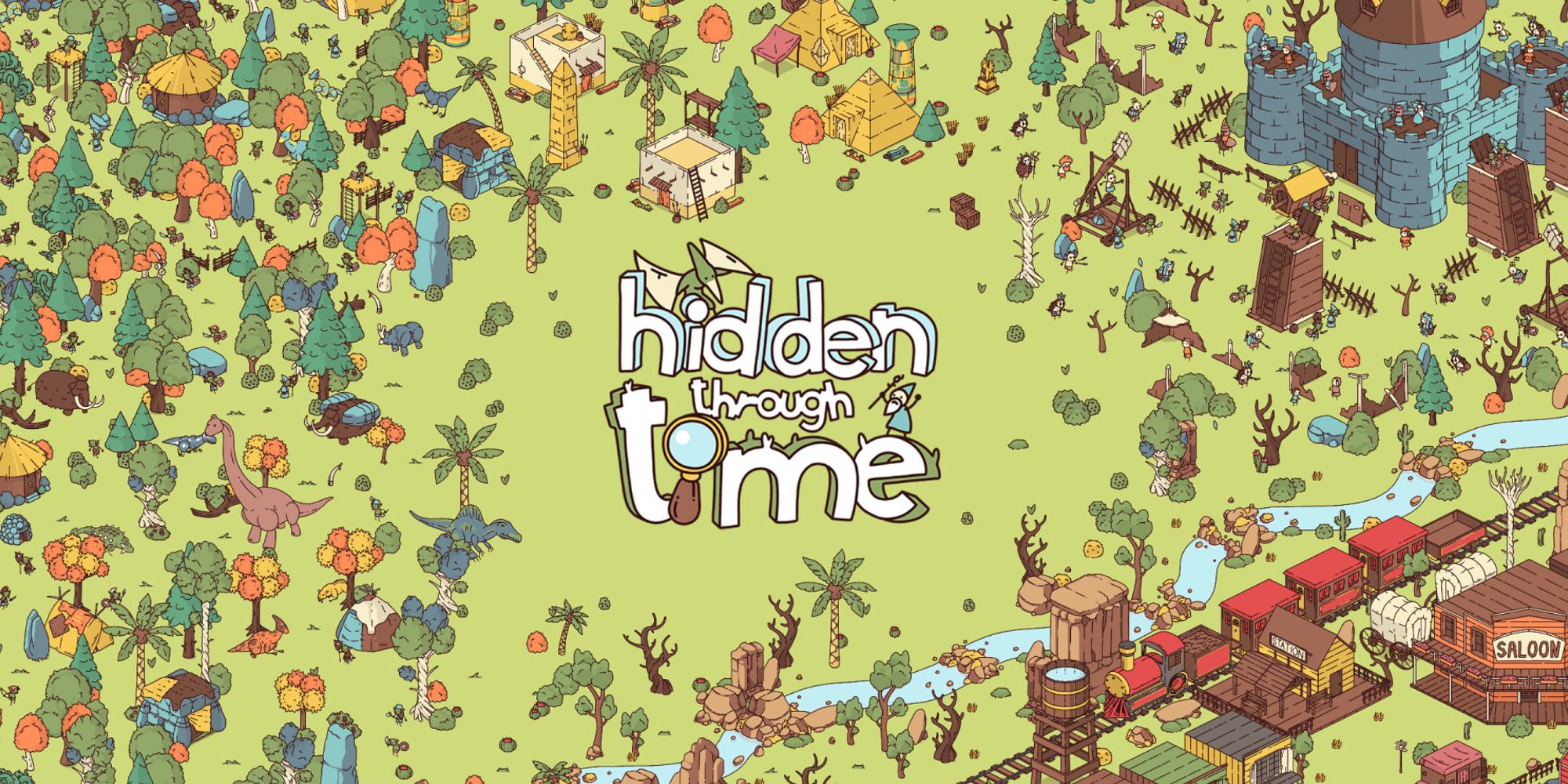 Hidden Through Time Cover Image Text In Center of Scene with many trees and historical buildings