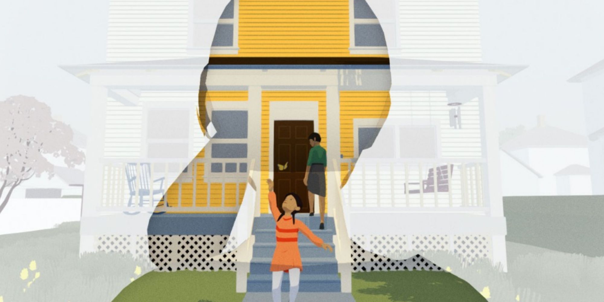Retrospective official cover art featuring a girl holding her hand up to a butterfly in front of a yellow house.