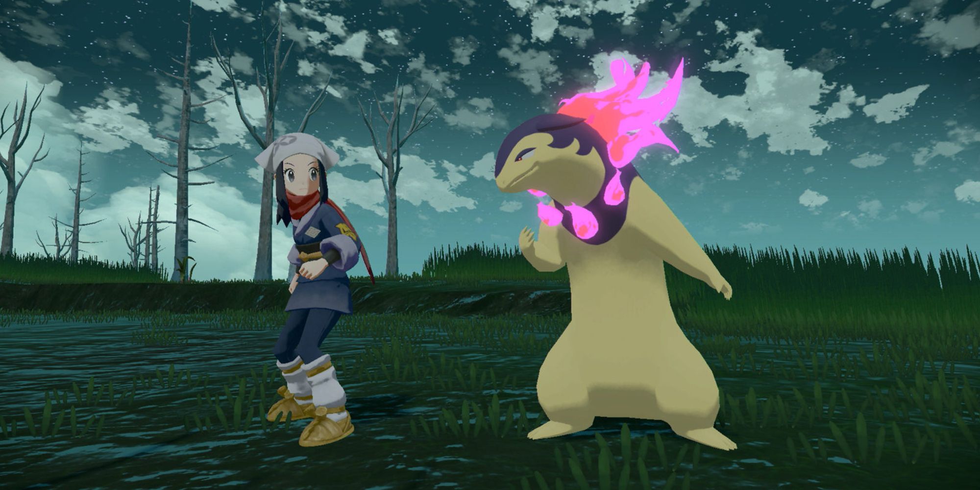 Trainer and Hisuian Typhlosion in Pokemon Legends Arceus