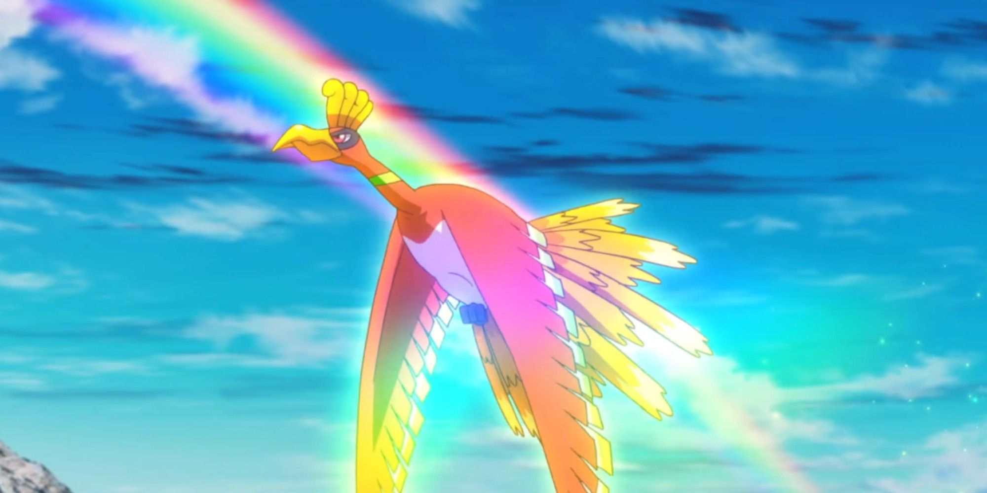 Ho-Oh gracefully flying near a rainbow in the Pokemon anime.