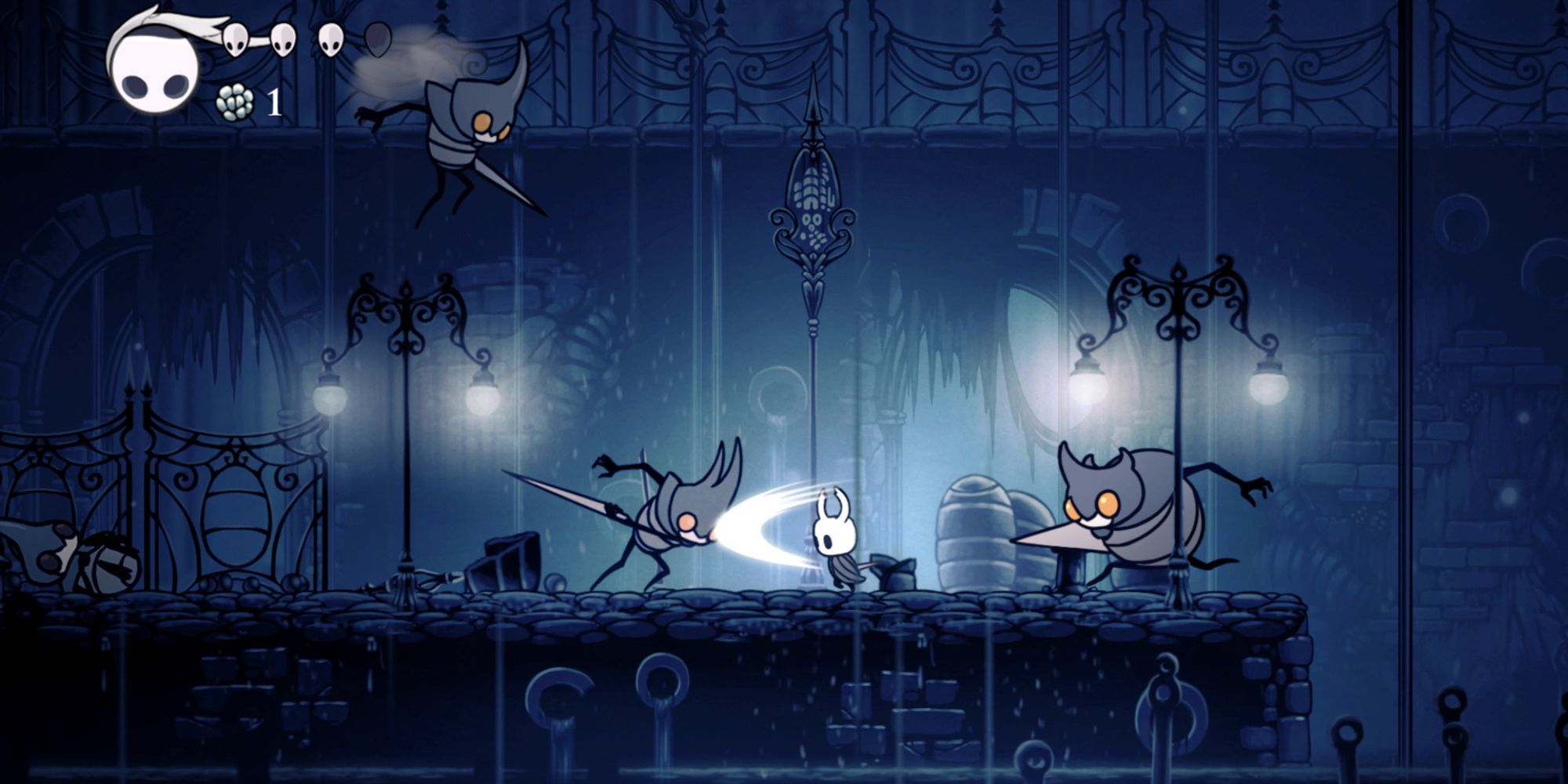 Hollow Knight attacks a group of enemies while it rains