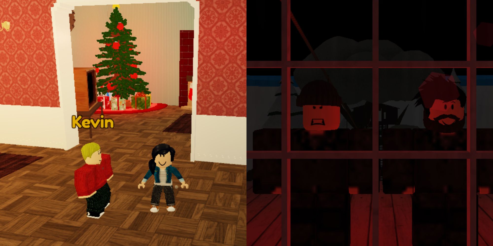Kevin from Home alone and Roblox character standing, and two burglars staring from outside the window