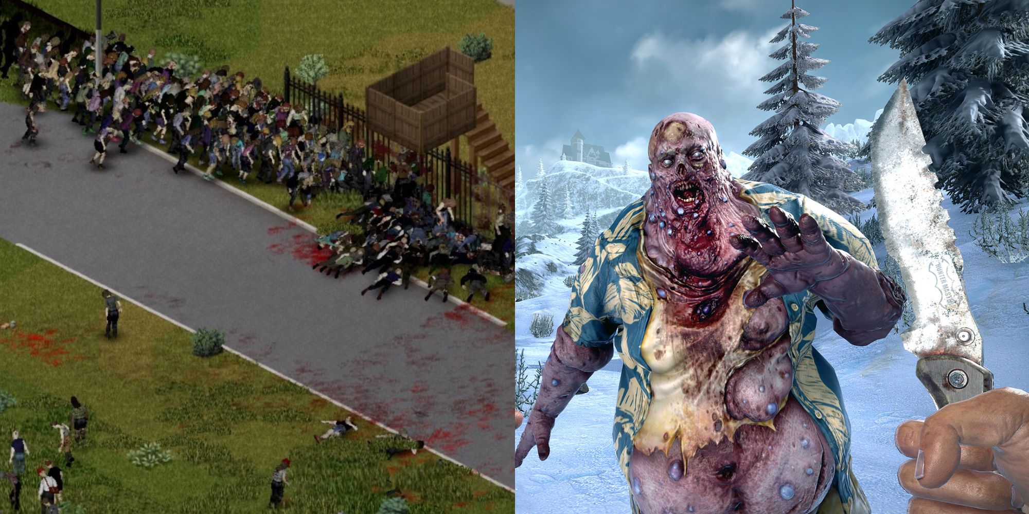 horde in project Zomboid next to bloater from 7 days to die