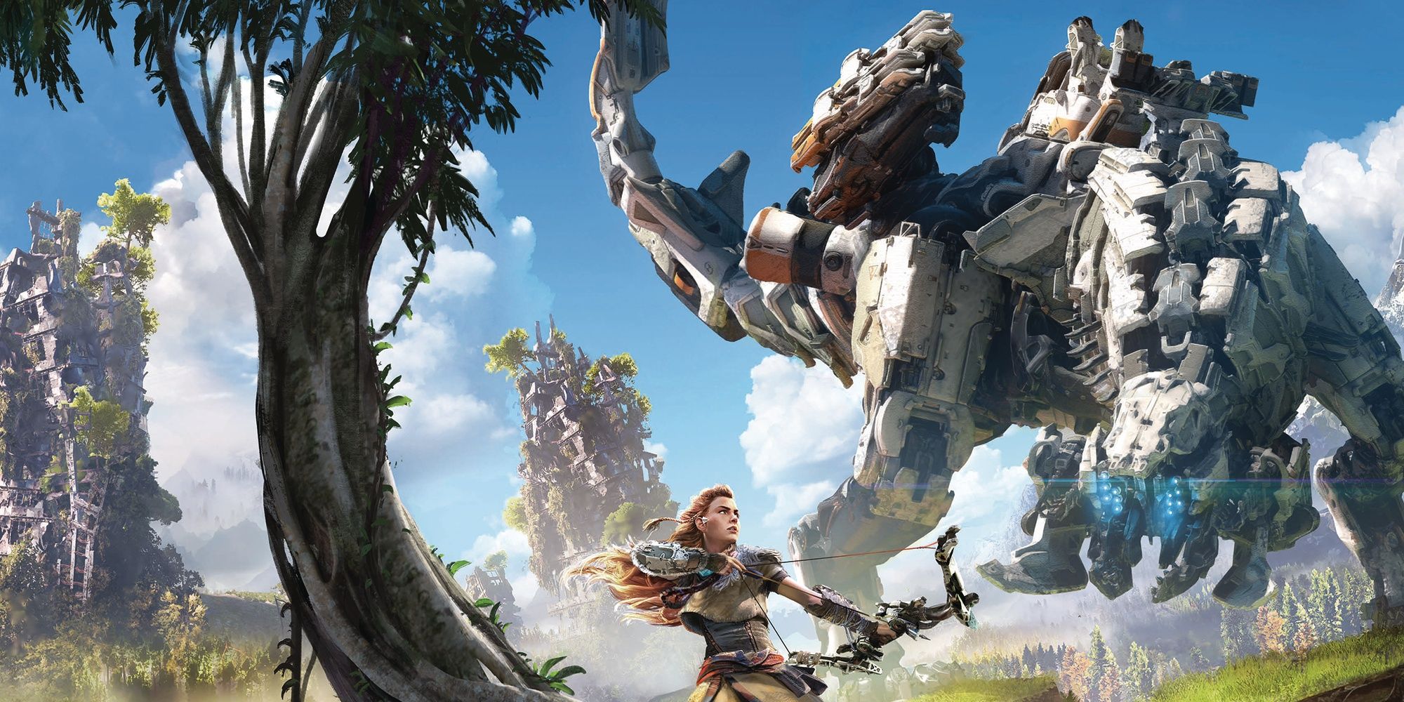 aloy preparing her bow to fight the thunderjaw