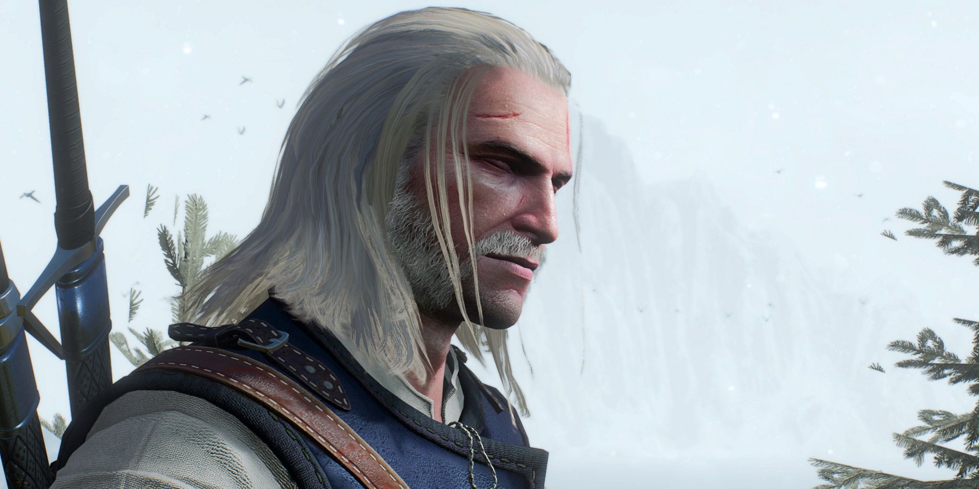 Geralt with long hair and mutton chops in The Witcher 3
