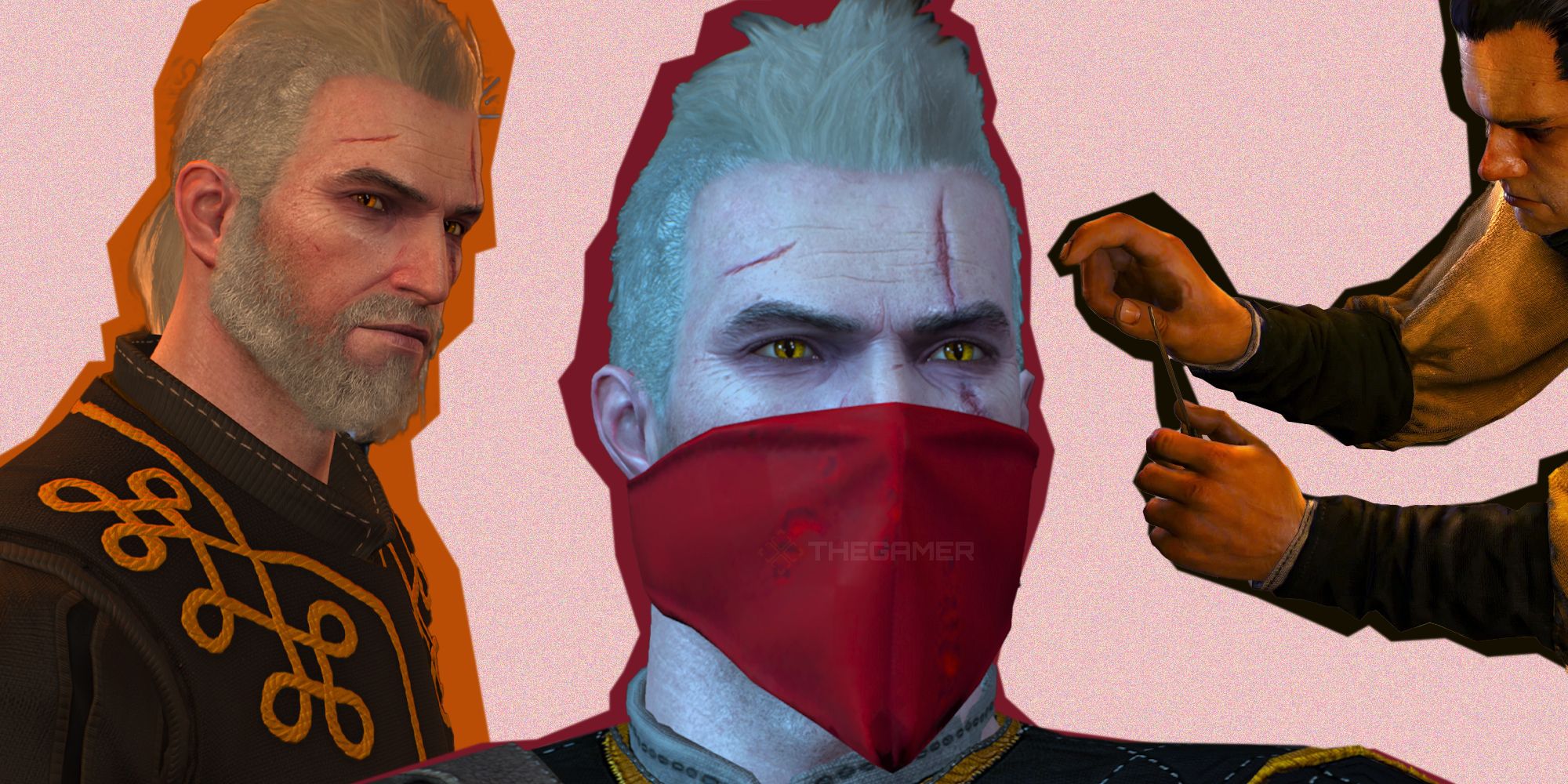 A collage of Geralt getting his haircut in The Witcher 3