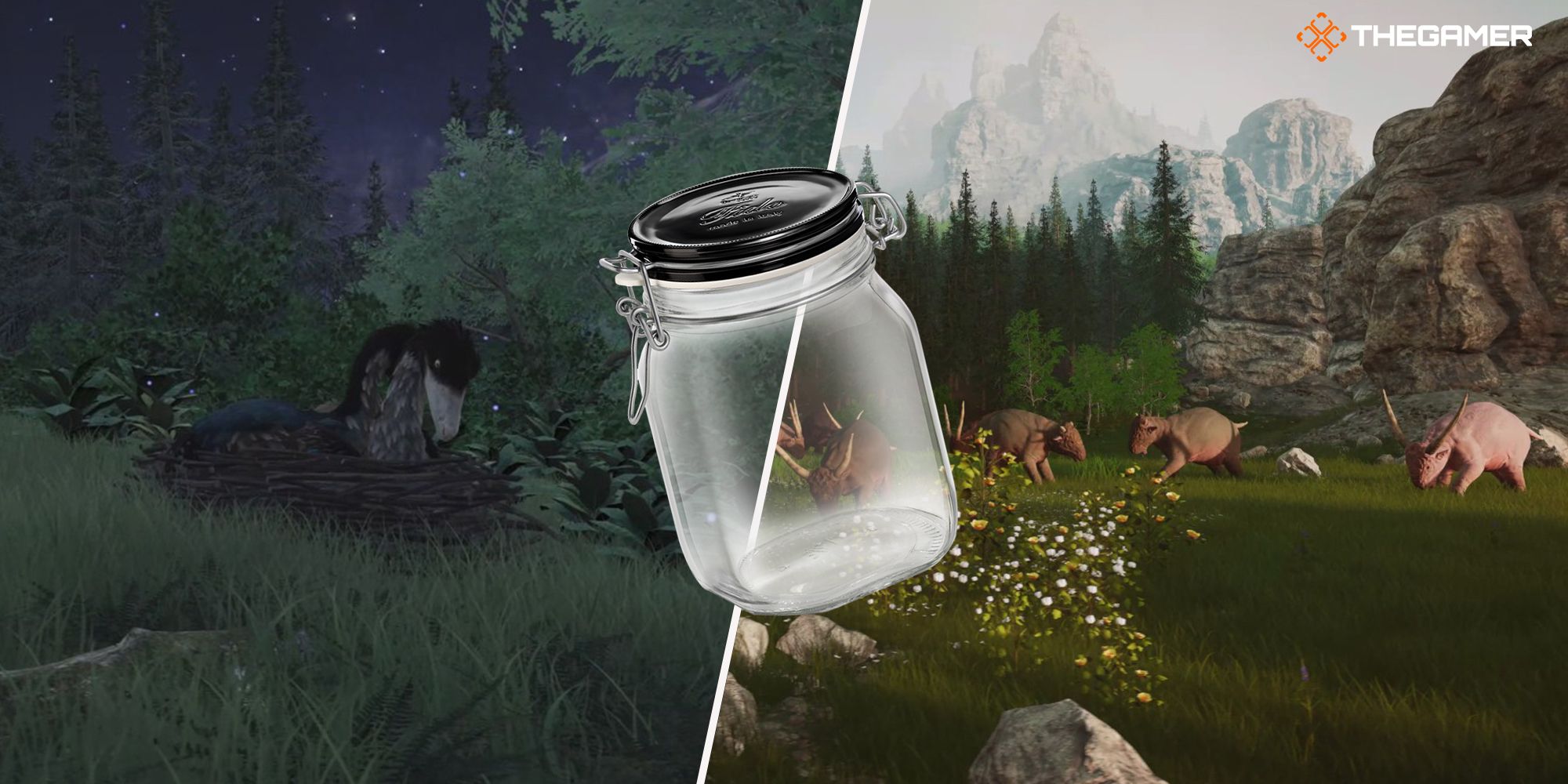 An empty jar is center between a screenshot of a sleeping Gujo and a screenshot of an Ulfen herd from Stranded: Alien Dawn.