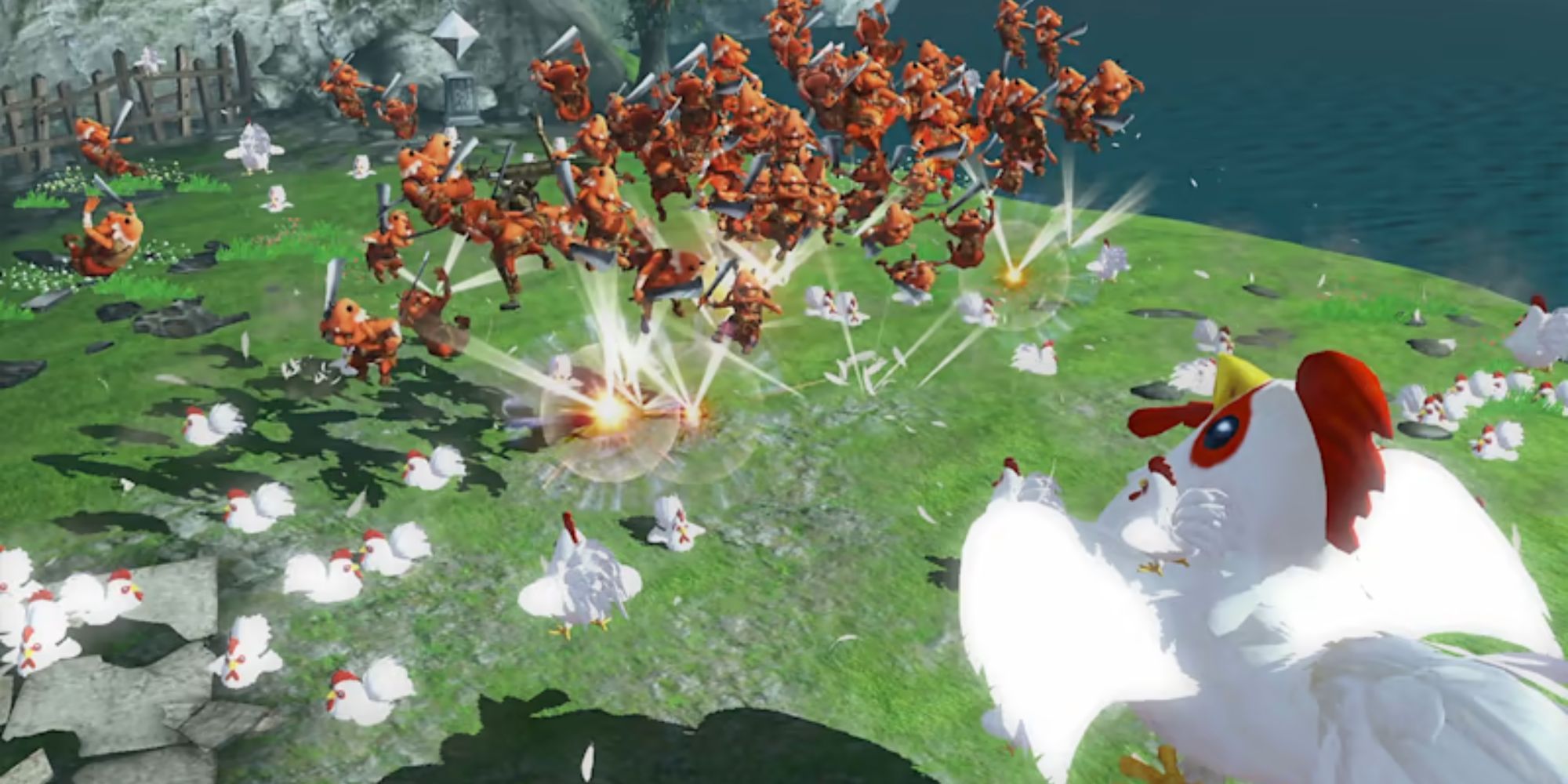 A giant Cucco attacks a group of Bokoblins