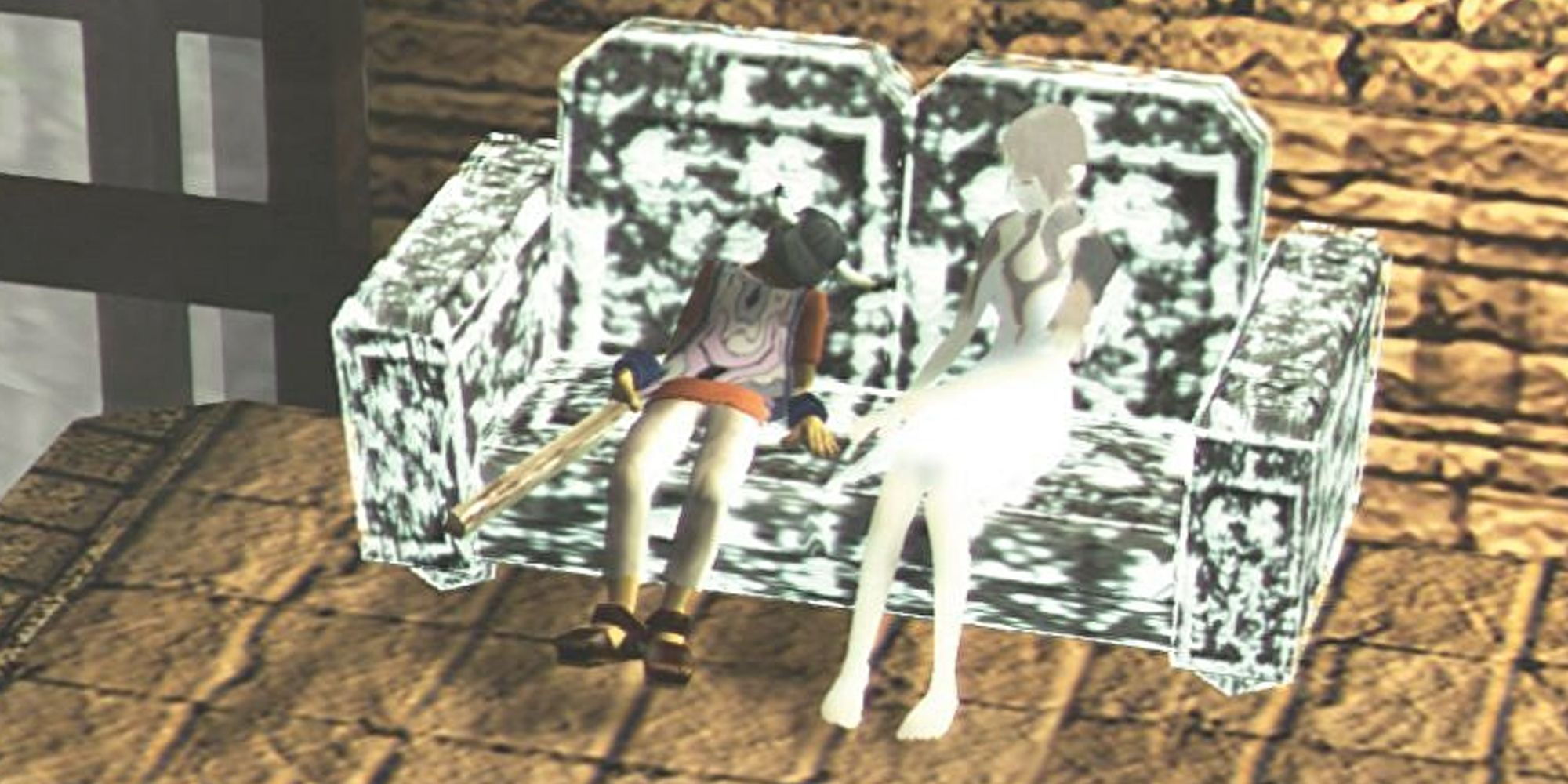 Ico two people sitting on a bench shaped like a glowing sofa 