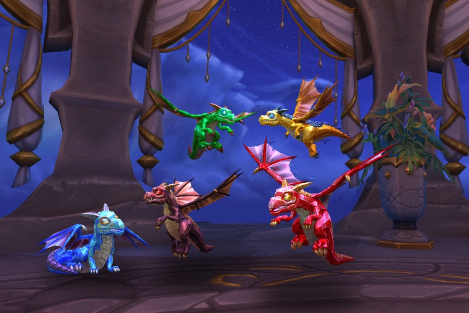 Five whelpling pets flying around together.