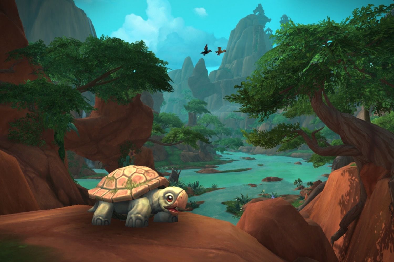 The Bugbiter Tortoise with a lush river backdrop.