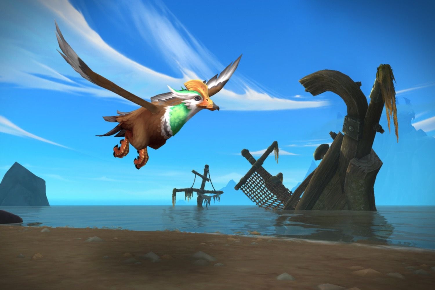The Viridescent Duck flying over a beach with a shipwreck behind it.