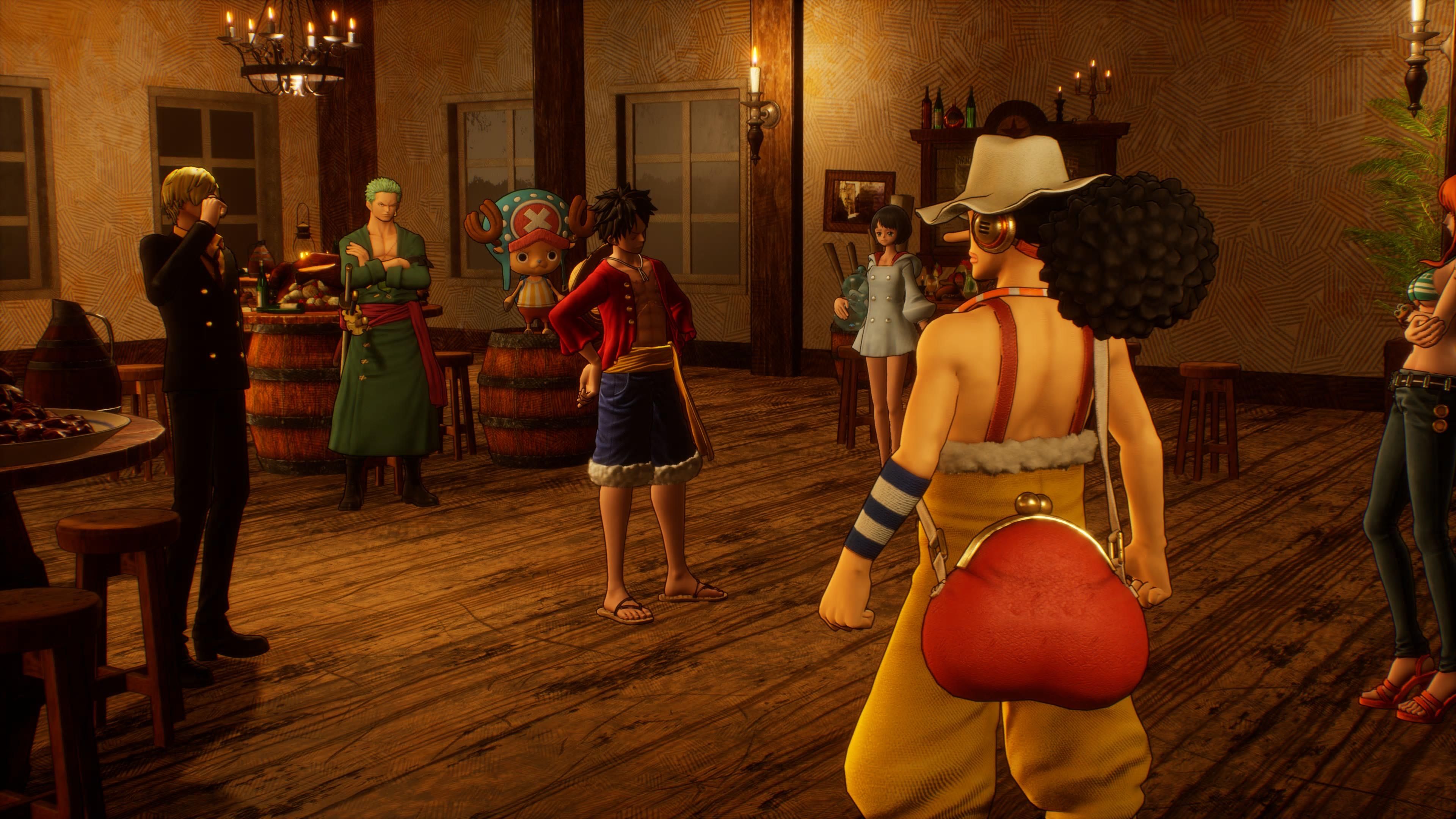 One Piece crew standing around in a bar