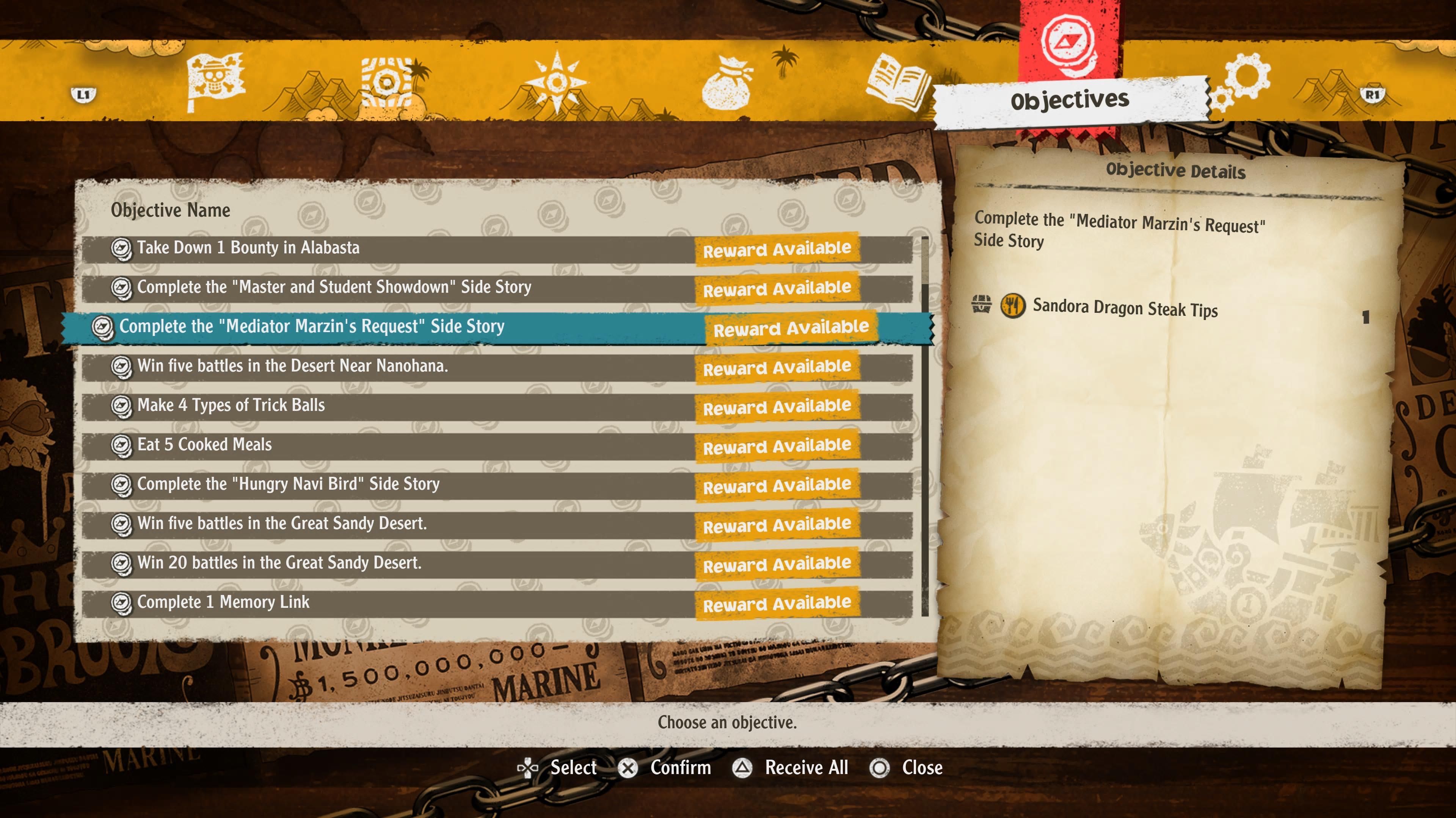 List of objectives in One Piece menu