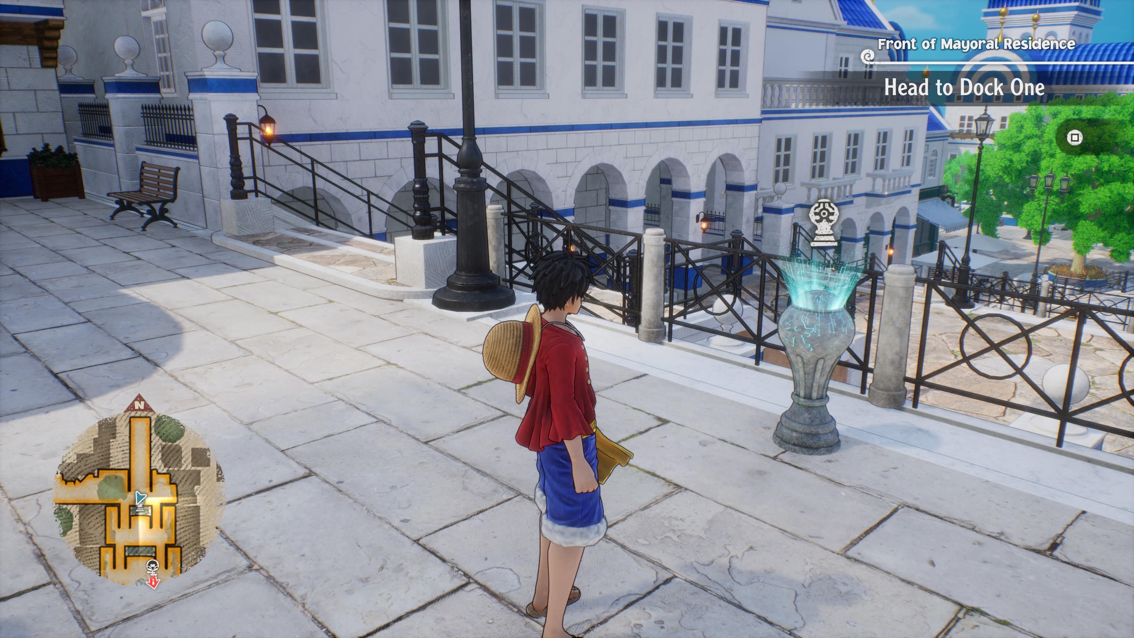 Luffy standing in front of save point pillar