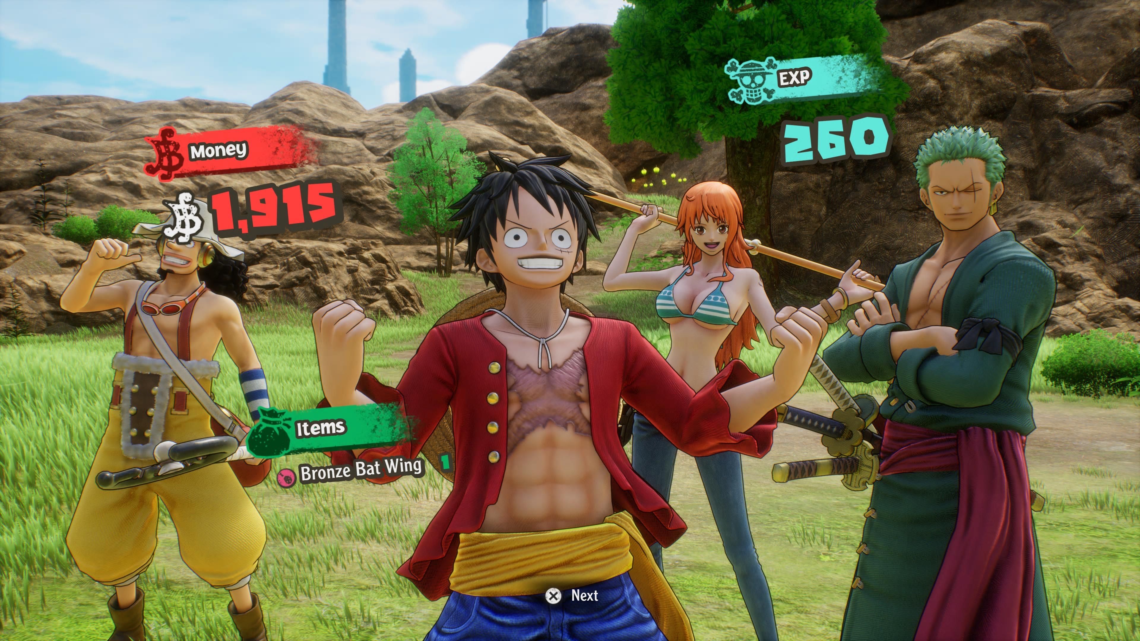 One Piece Odyssey end of battle screen showing XP and Money