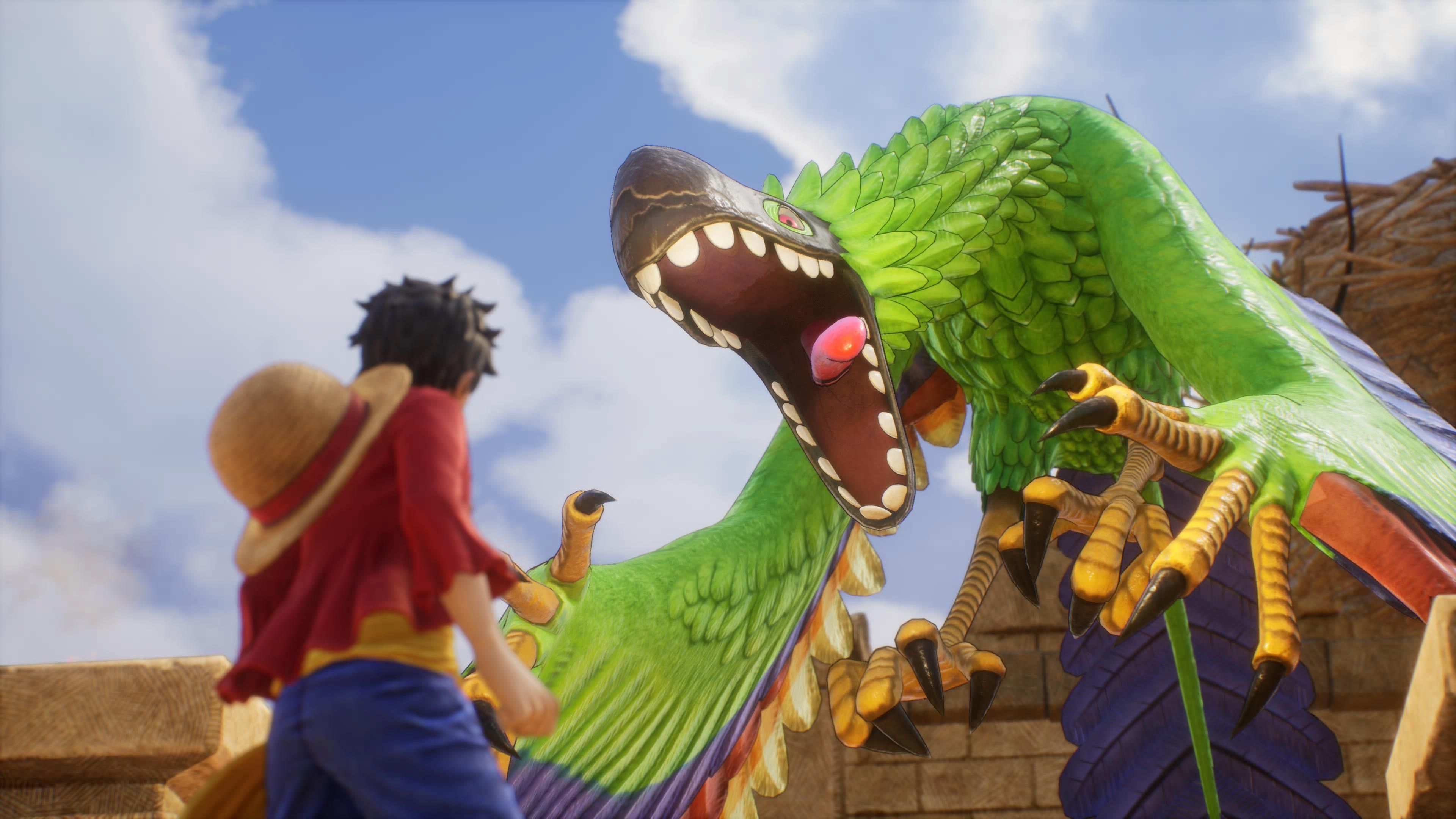 One Piece Odyssey Luffy stares down large green bird monster