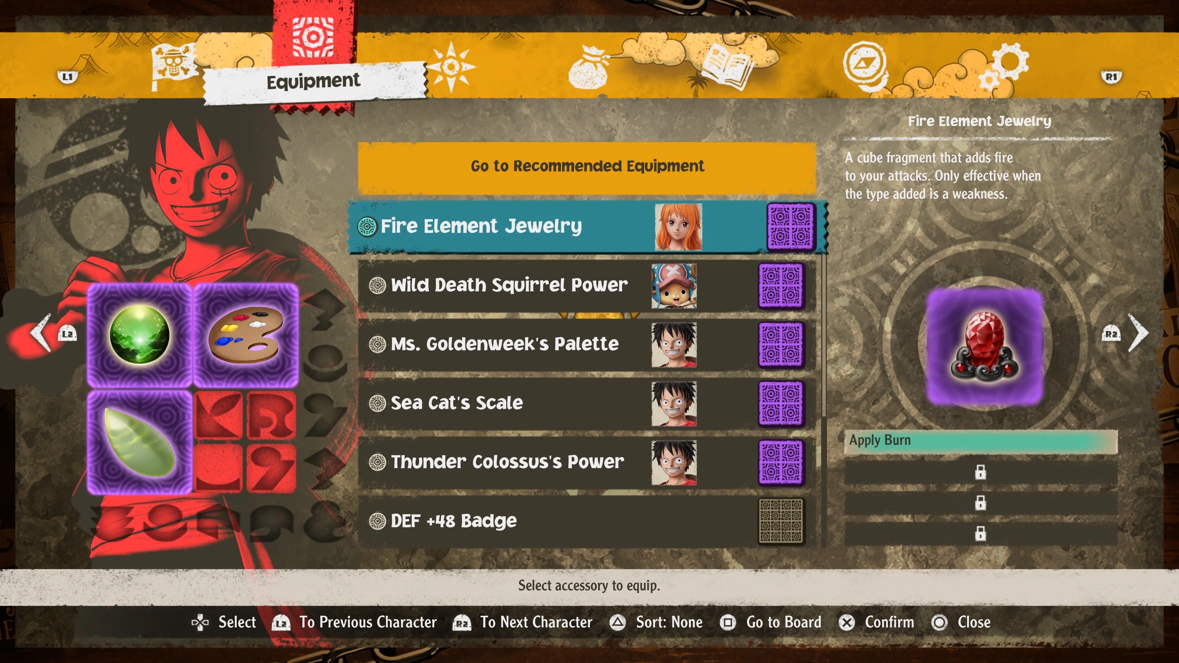 One Piece Odyssey accessory screen showing equipment to use