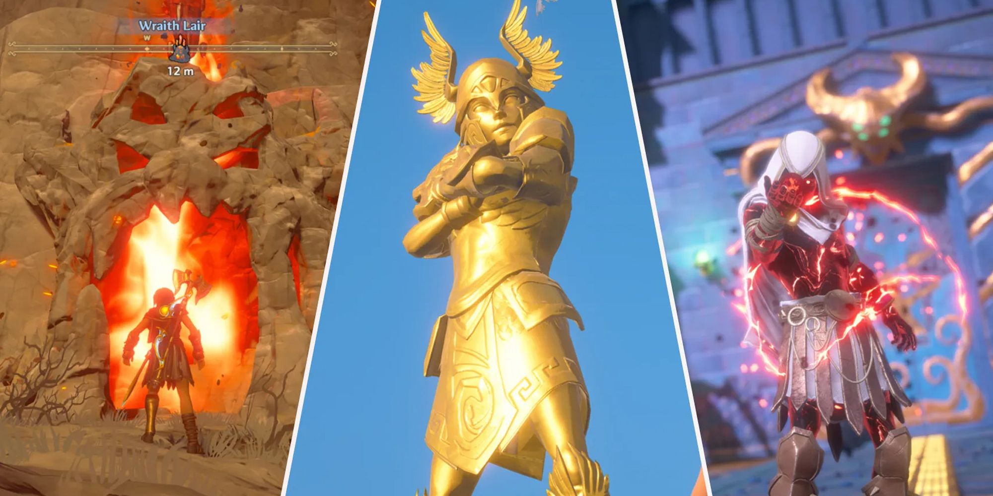 Immortals Fenyx Rising collage of a wraith lair entrance, a golden hero statue, and Odysseus.