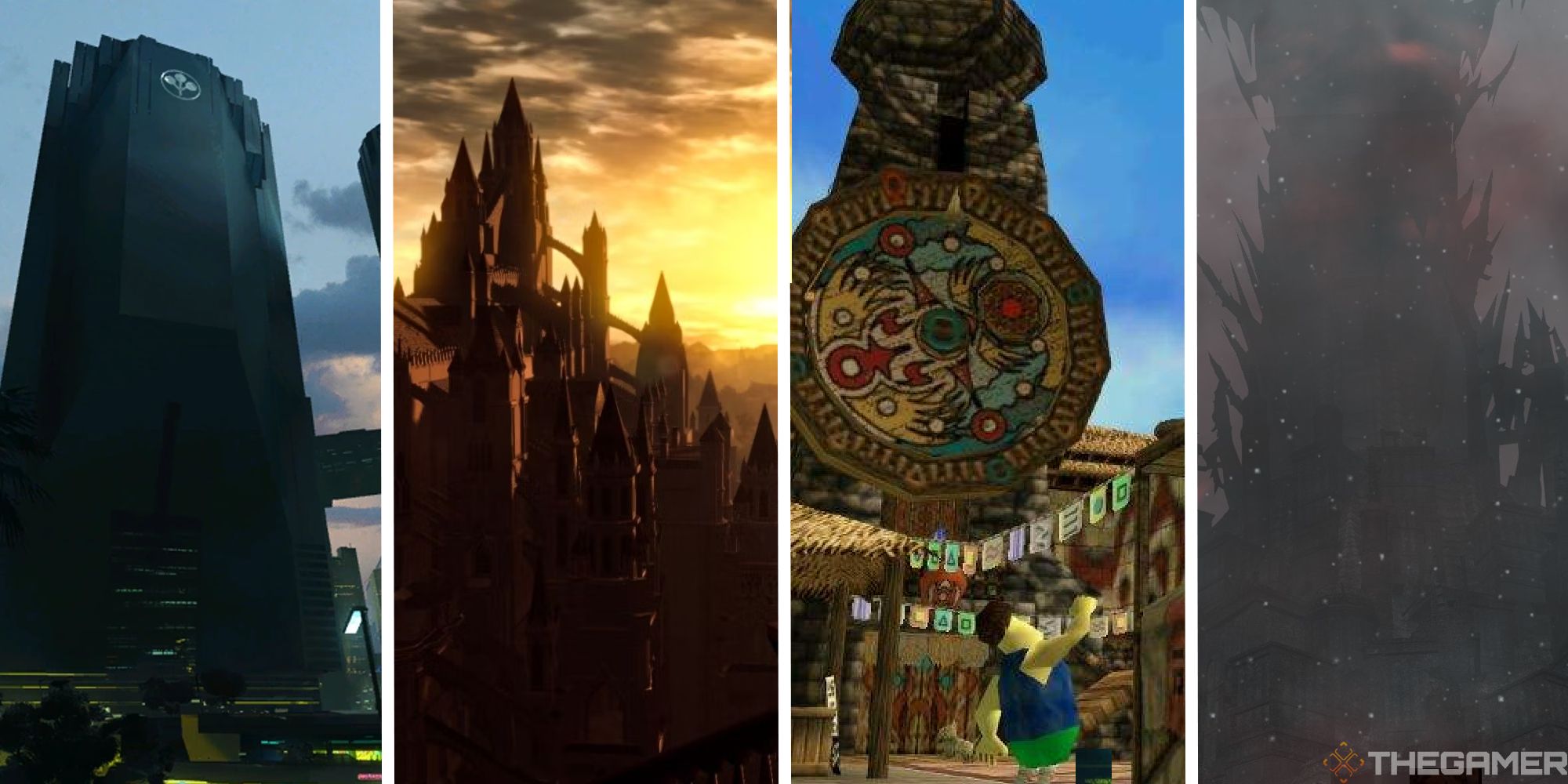 split image showing arasaka tower, anor londo, termina's clock tower, and the tower of babil