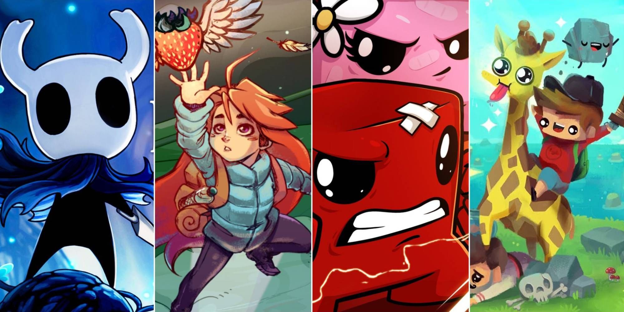 Indie platform games: Hollow Knight, Celeste, Super Meat Boy, The Adventure Pals official game artwork