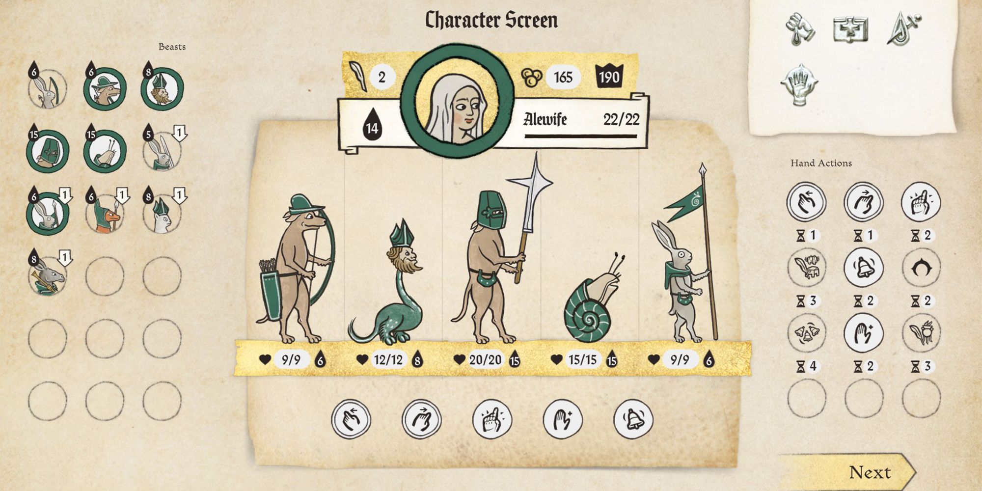 character screen allowing you to choose beasts, hand actions, and talents