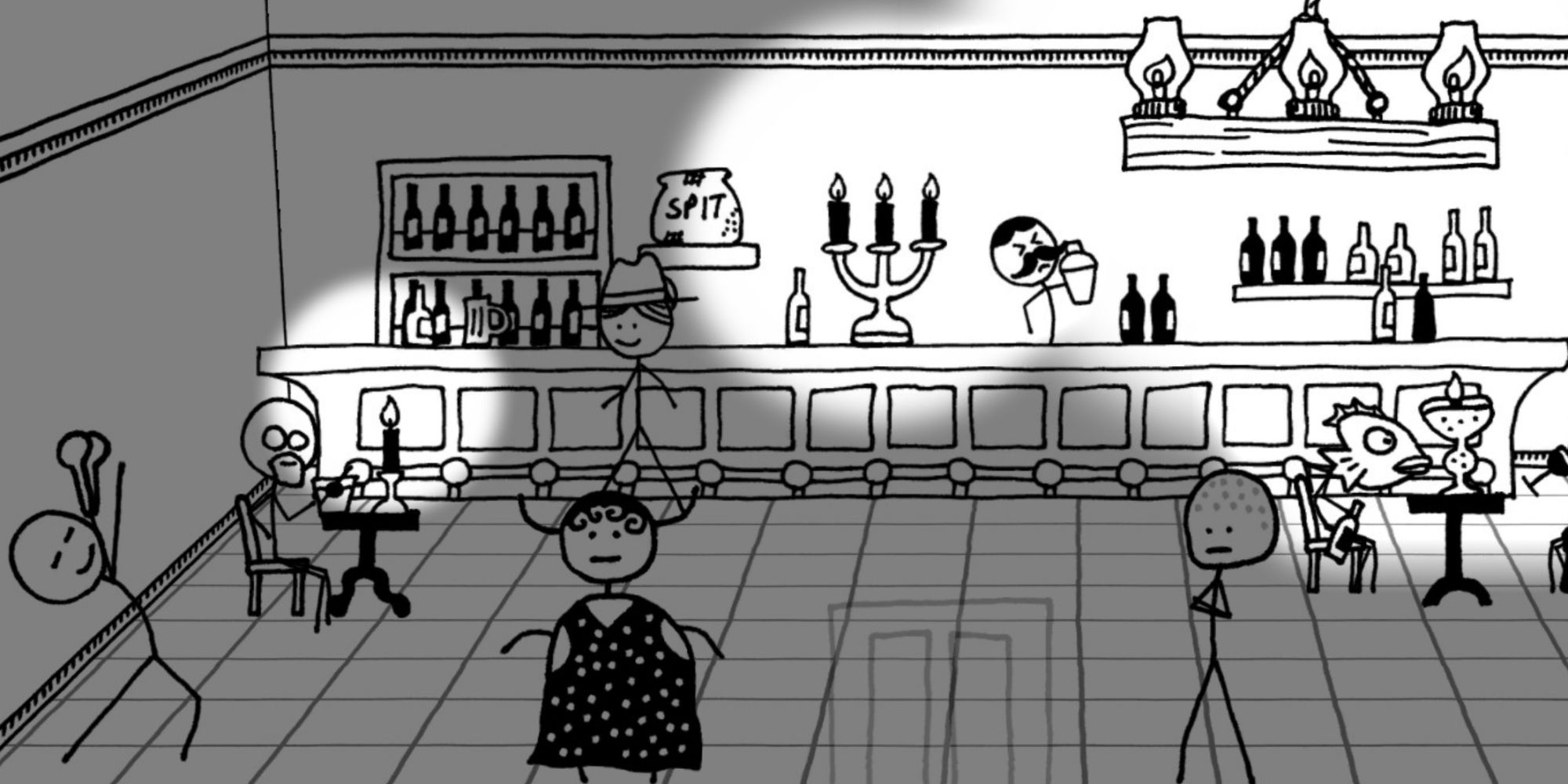 A scene inside a speakeasy in Shadows Over Loathing, showing various characters sitting and standing.