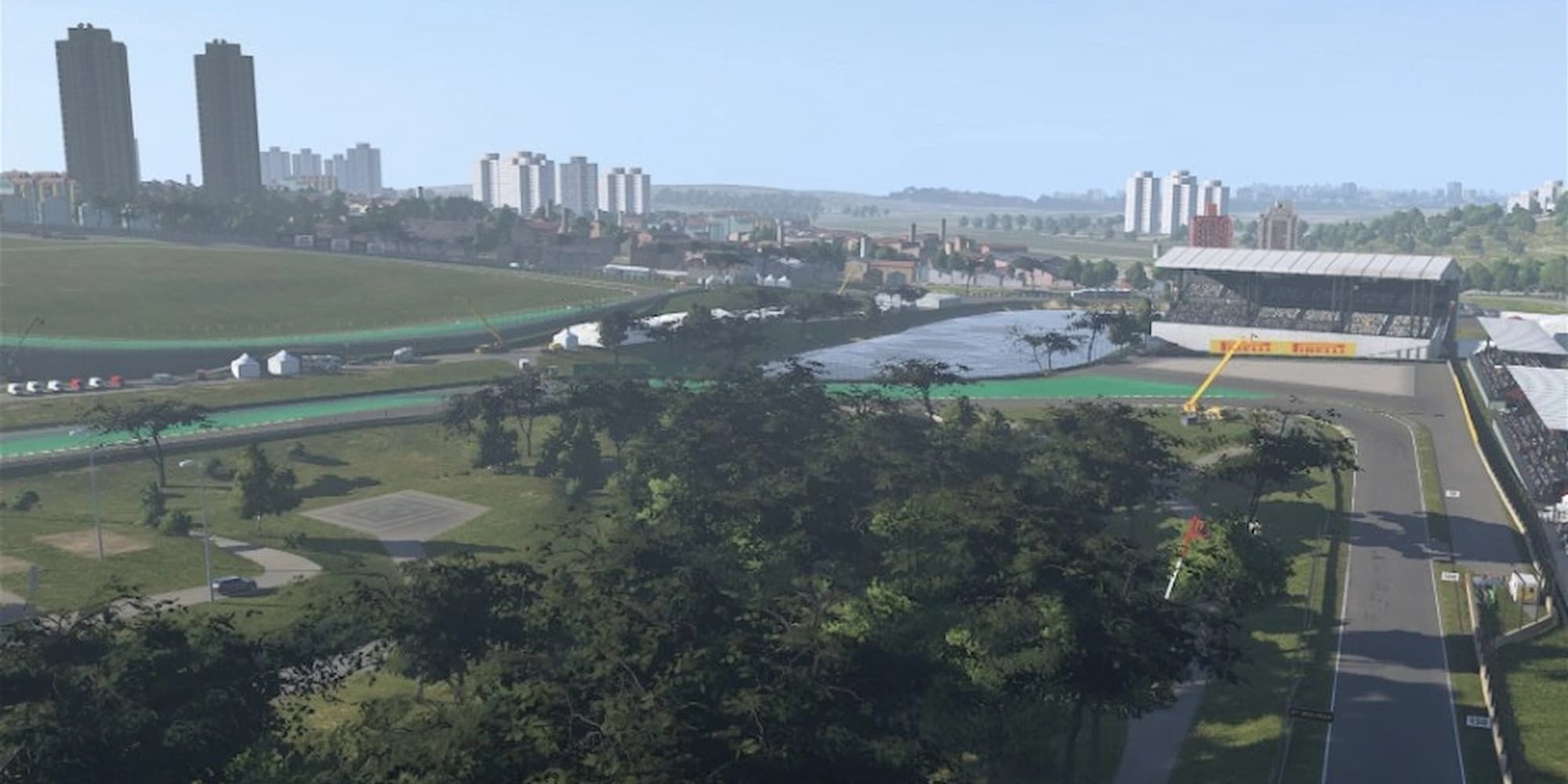 Interlagos's turns sit between two lakes with the skyline of Sao Paulo, Brazil in the background.