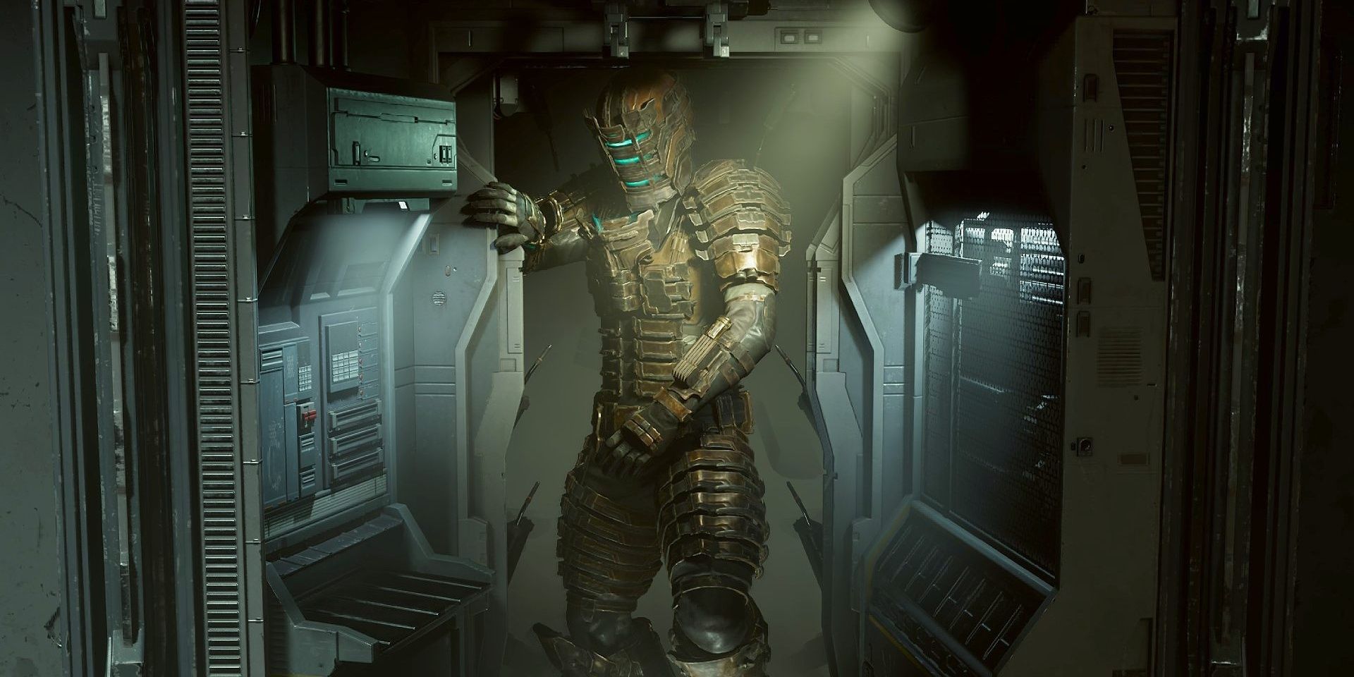 Isaac exiting suit upgrade pod in Dead Space