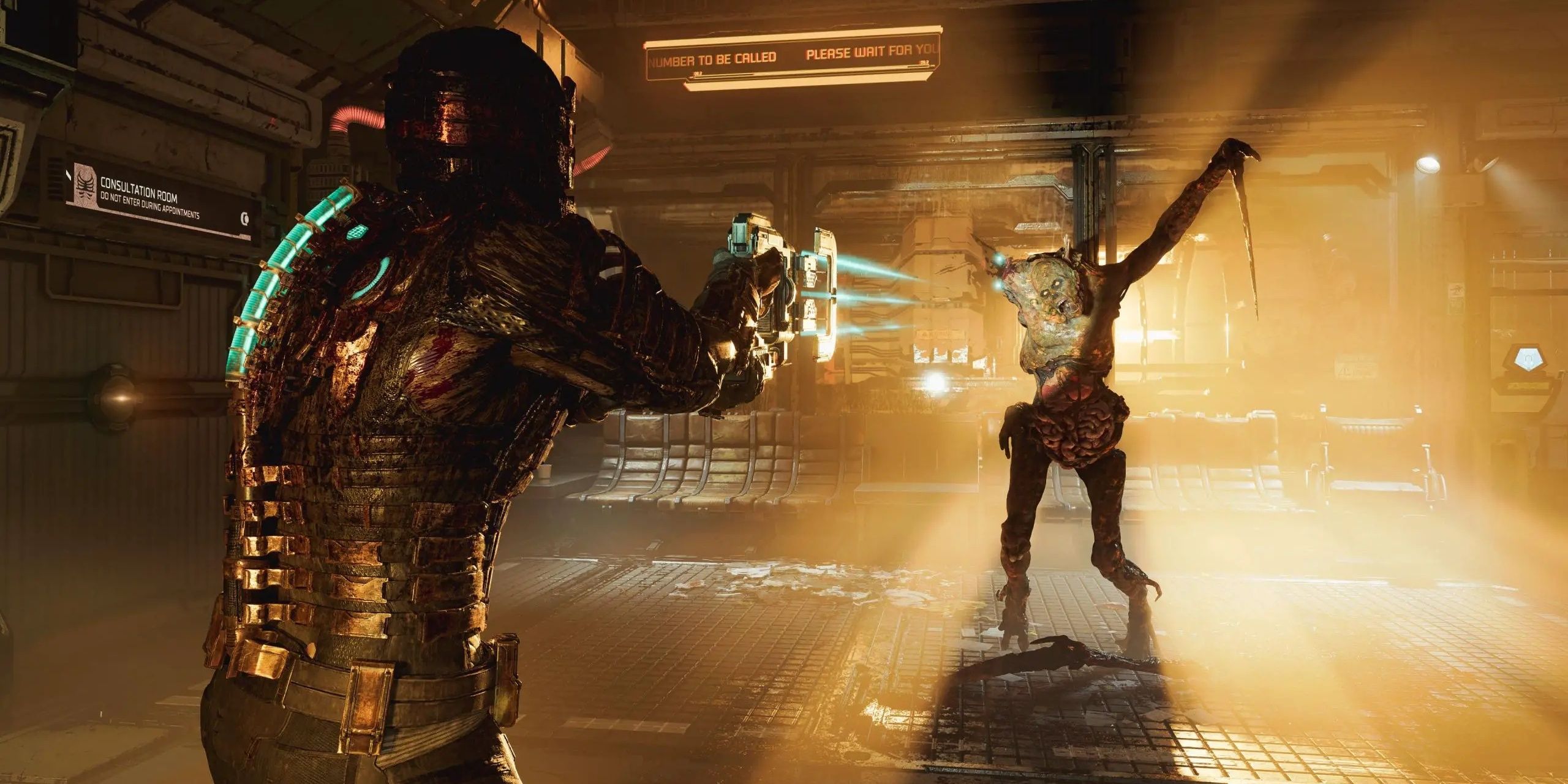 Isaac shooting a necromorph in Dead Space