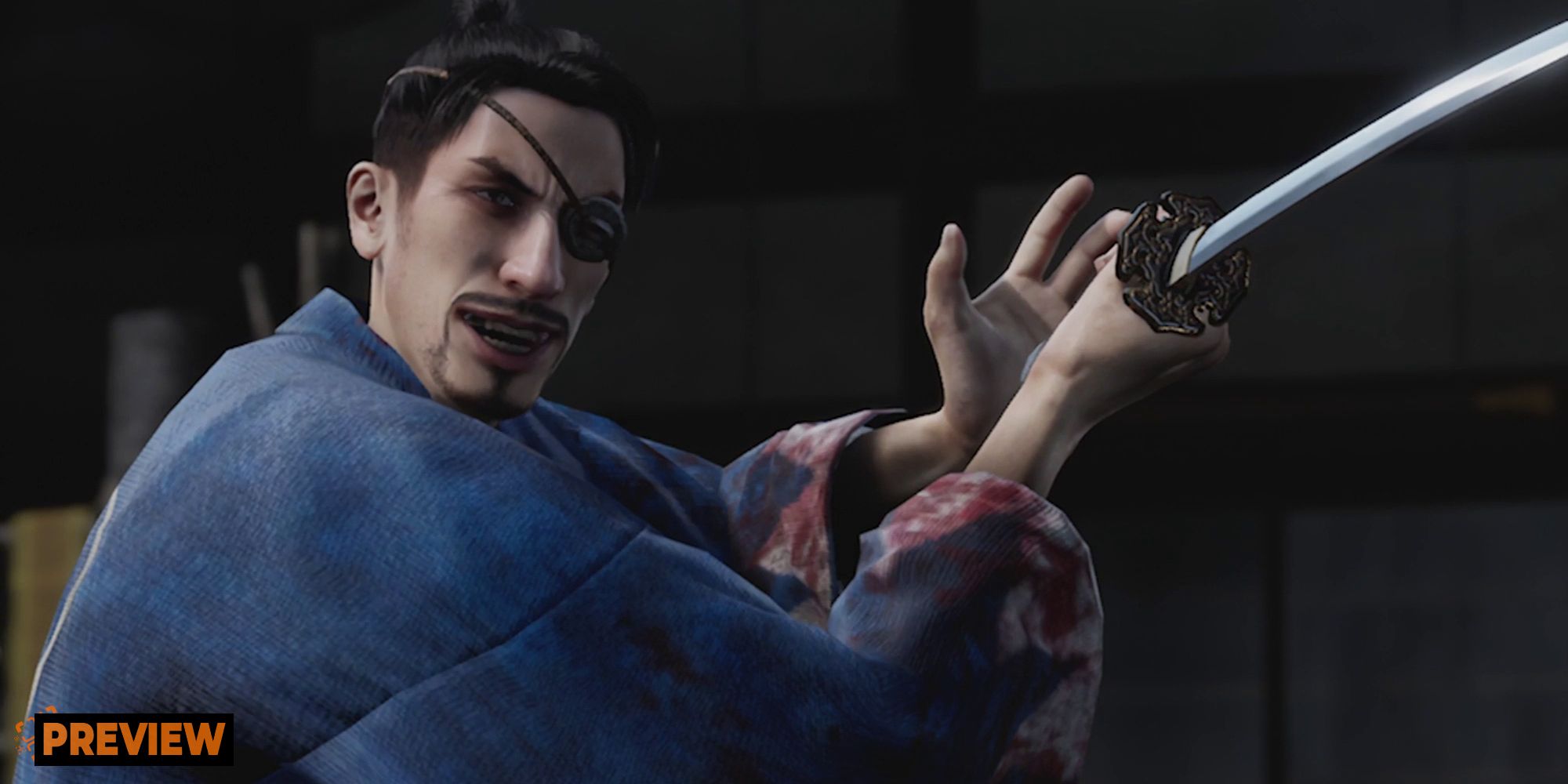 Okita Soji holding his sword aloft in Like a Dragon: Ishin with a preview overlay.