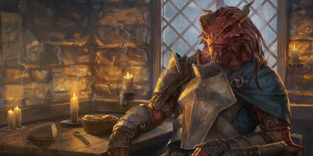 A dragonborn mercenary sitting inside inn in Dungeons & Dragons.