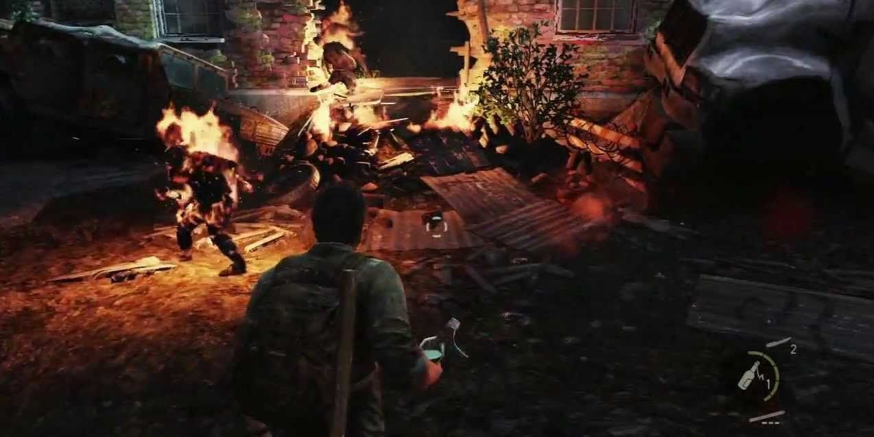 Joel using Molotov cocktails in The Last Of Us