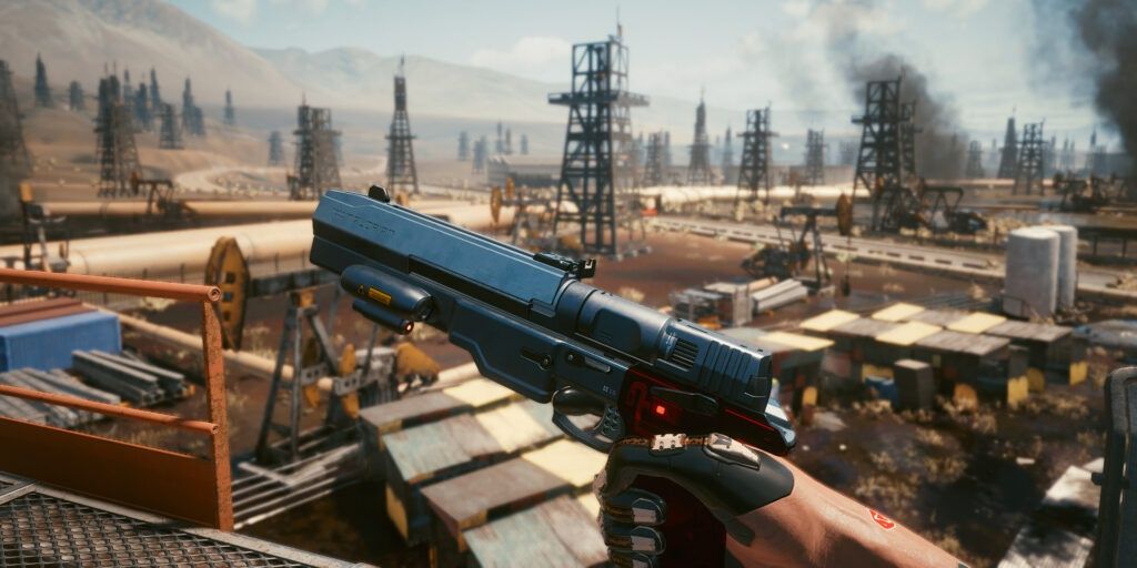 Johnny Silverhand holding his Gun above the city in Cyberpunk 2077