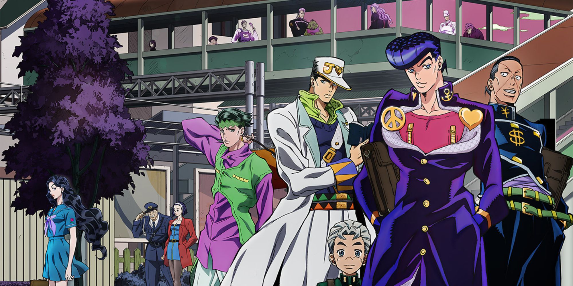 A collage of characters from JoJo's Bizarre Adventure standing in a city, in front of a building.