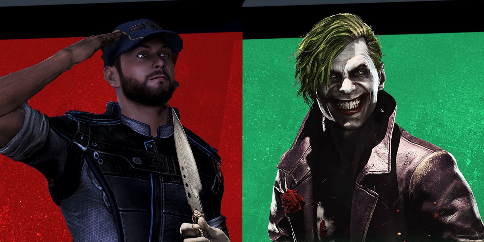 Joker from Mass Effect saluting on the left against a red background. Batman's Joker smiling on the right with a green backdrop.