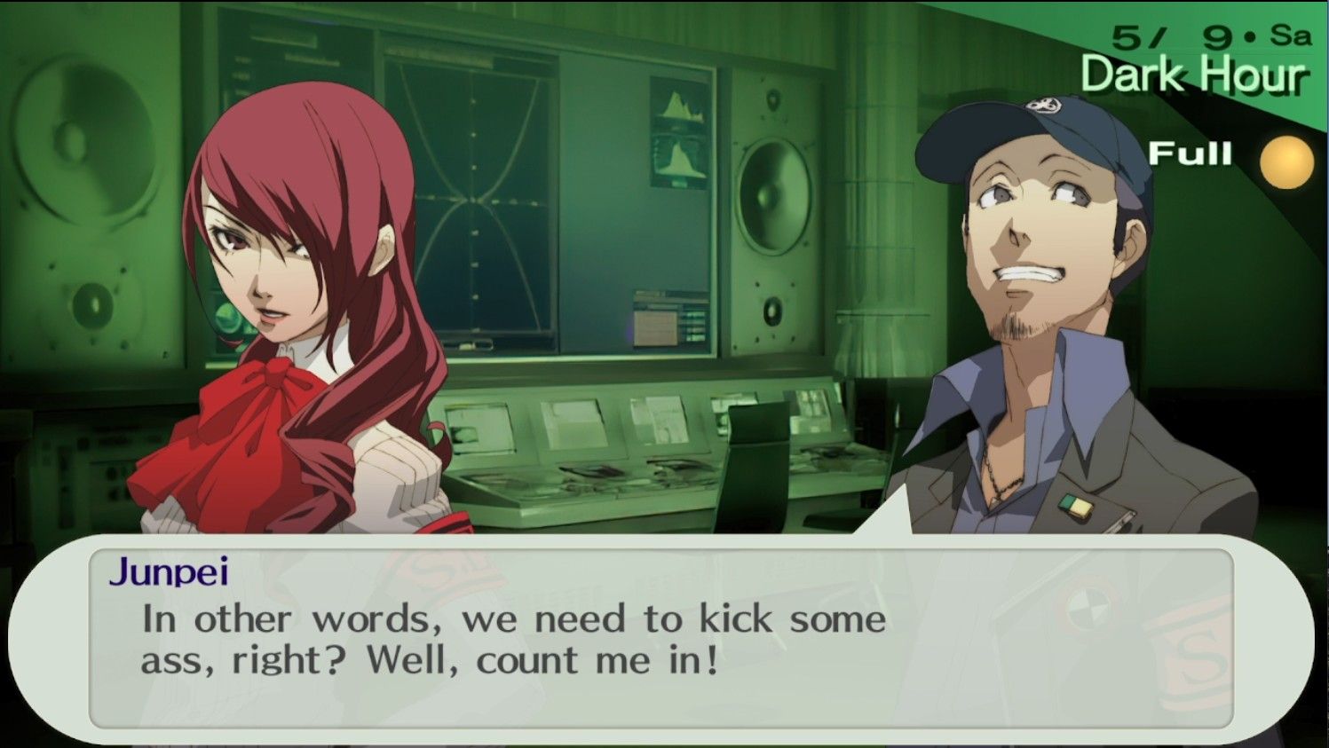 junpei eager to fight in the control room in persona 3 portable while talking to mitsuru