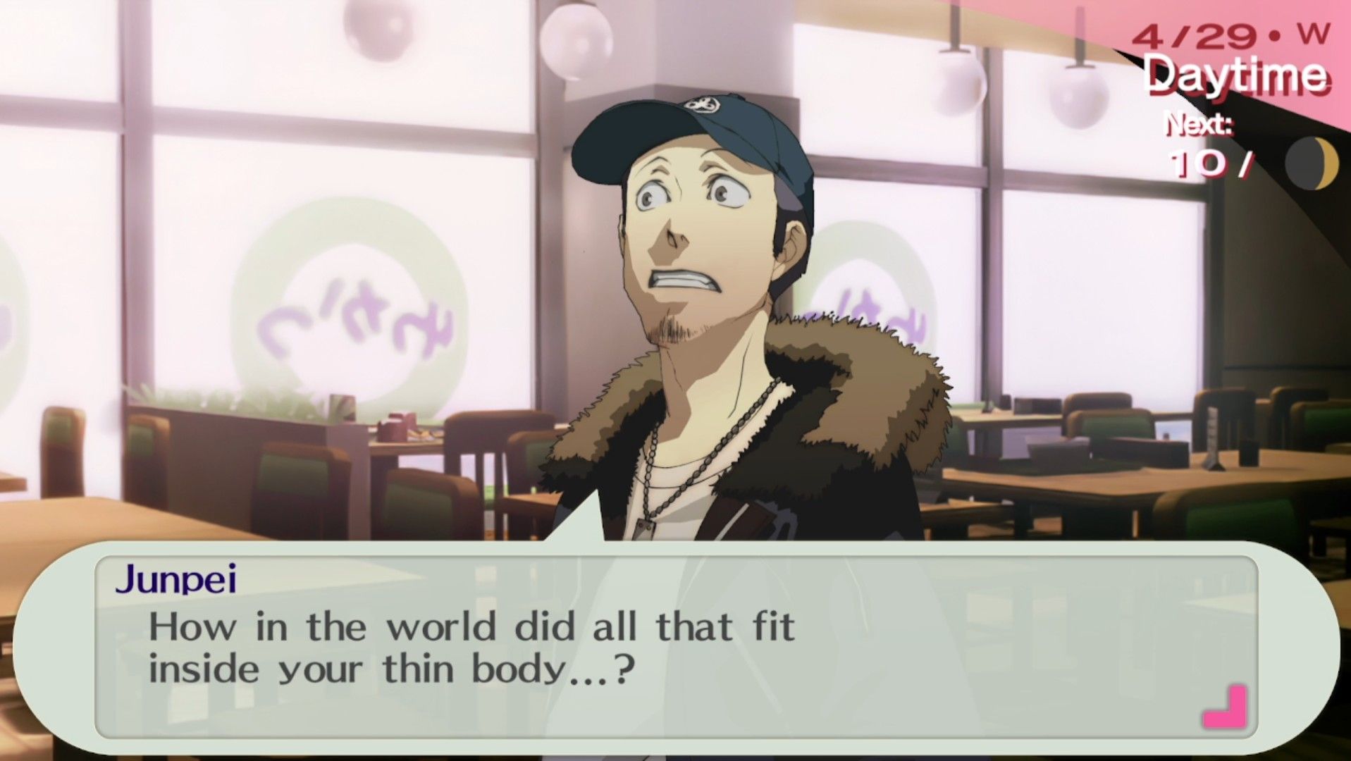 junpei marveling at the female protagonist's appetite in persona 3 portable