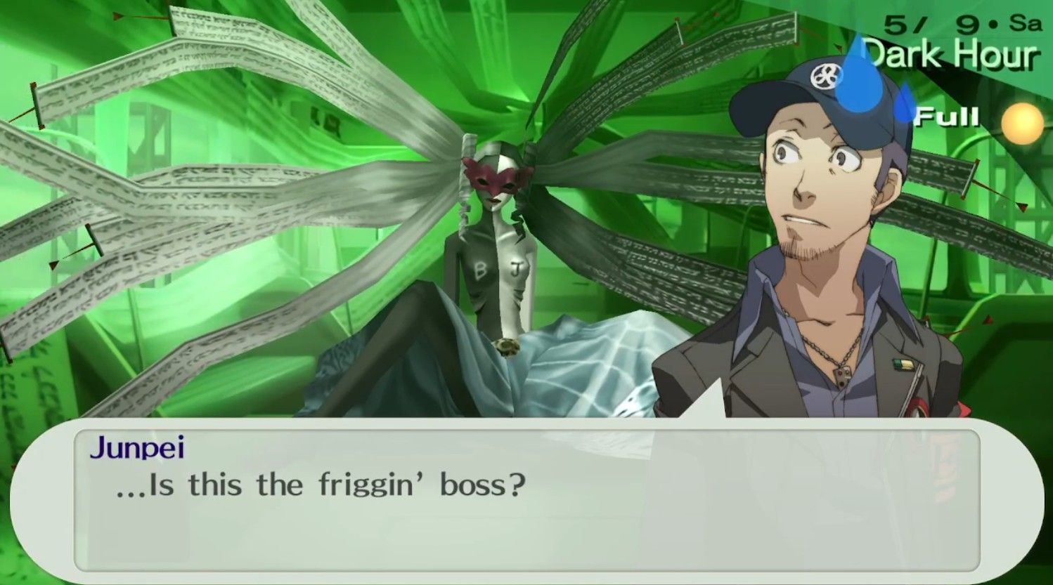 junpei reacting in surprise to the appearance of priestess in persona 3 portable