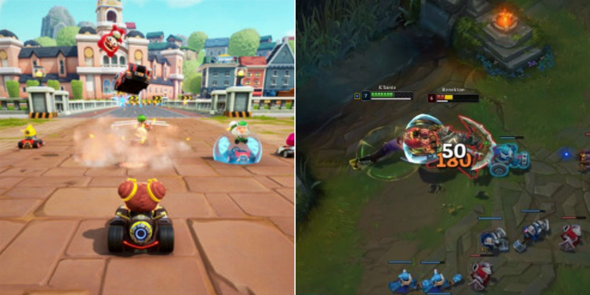 KartRider: Drift characters racing (left) and League of Legends' K'sant and Renekton fighting in the middle lane (right)